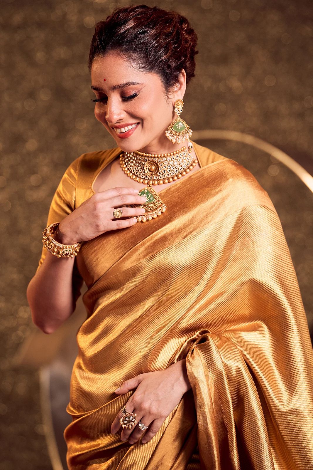Celebrity inspired golden tissue silk Saree Ts119