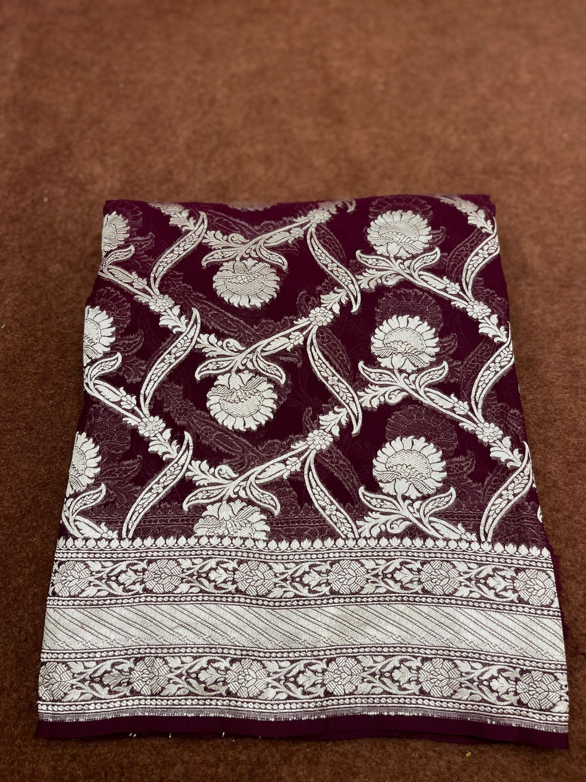 Wine Pure Chiffon Banarasi Border Jangla Saree