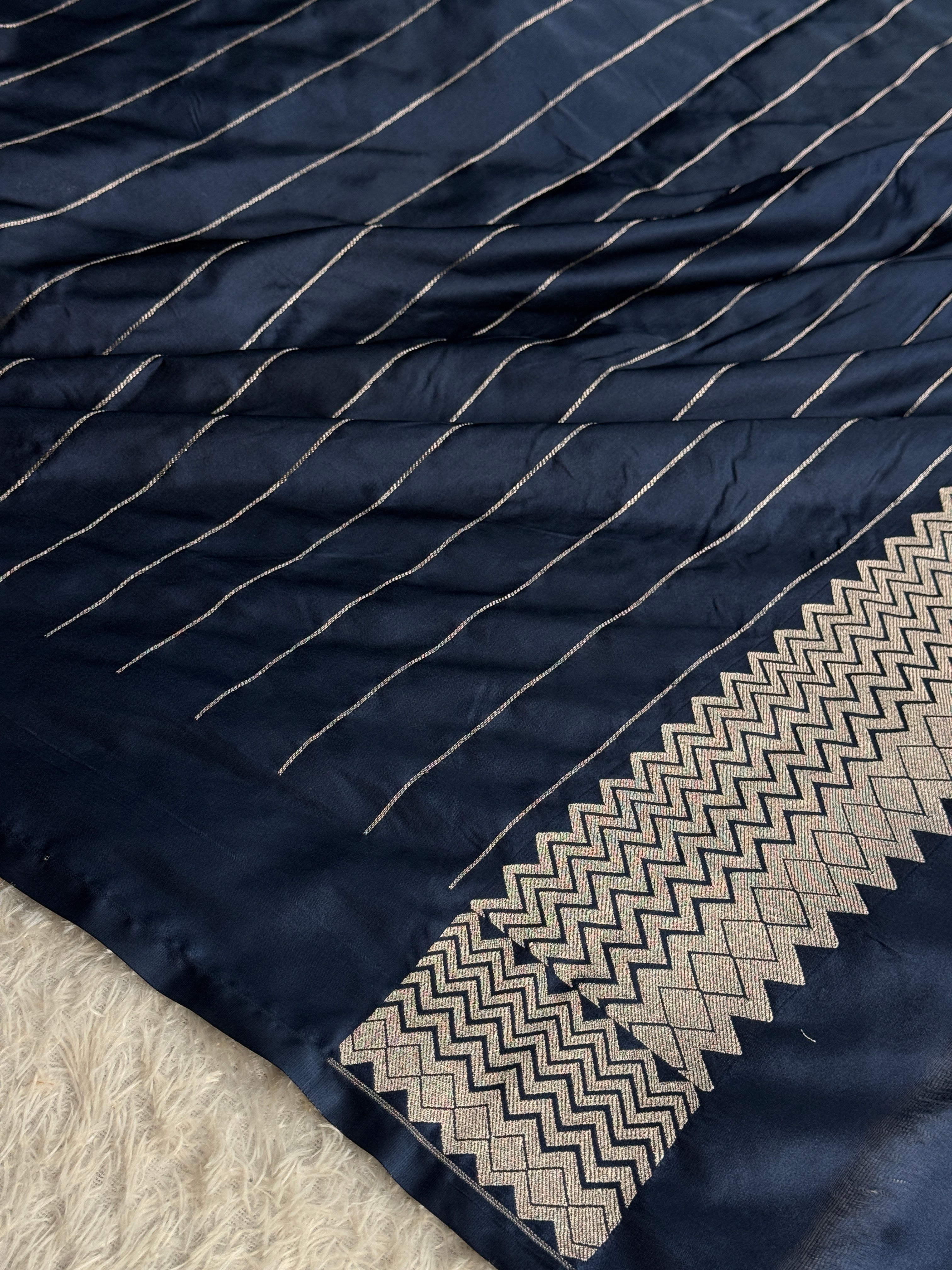 Navy Blue Mashru Kataan Silk Banarasi Saree with Paithani Zari Pallu | MKS755