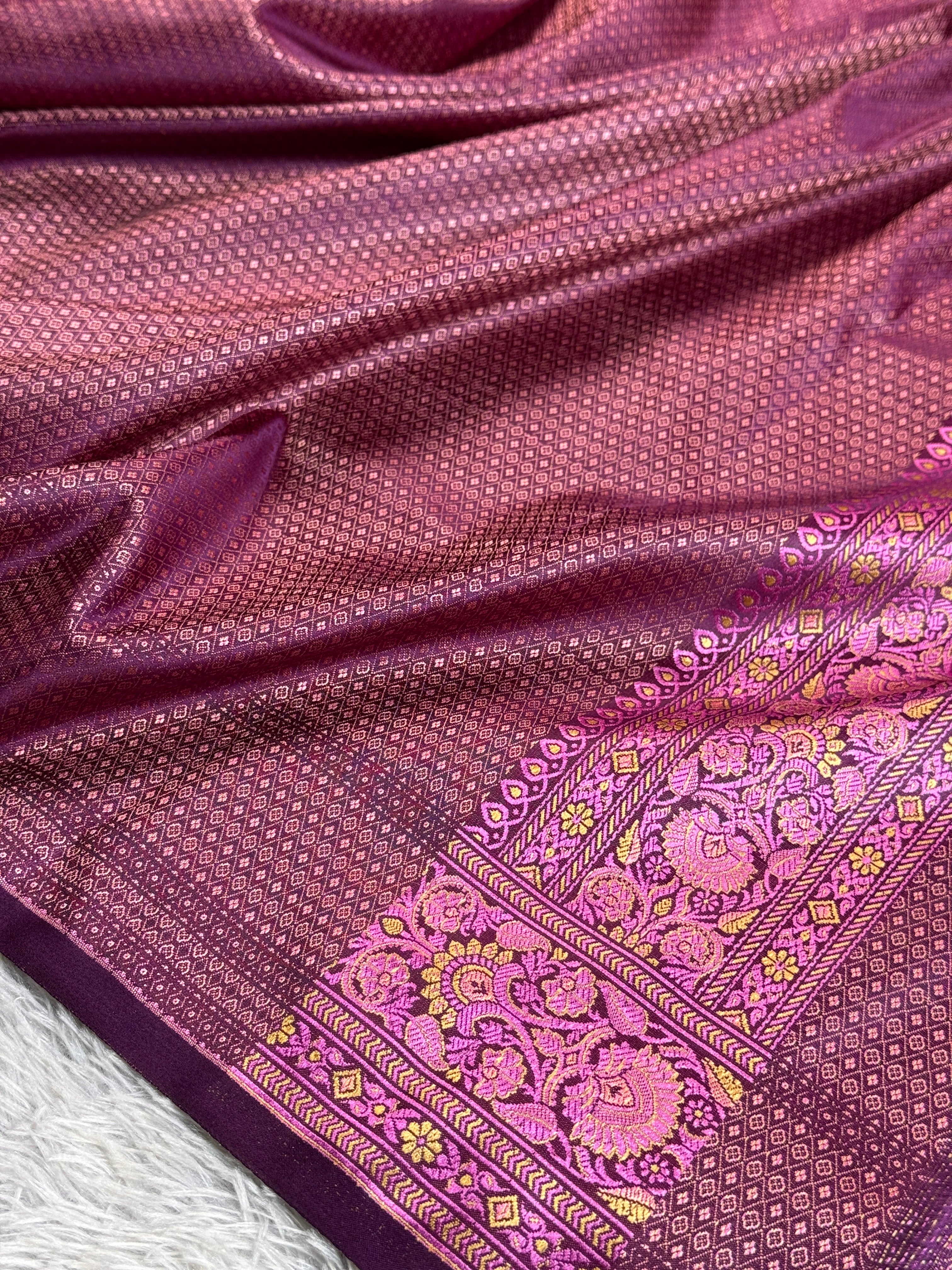 Beige with Dark Pink Banarasi Mashru Silk Saree with Jamawar Woven Design JMW11