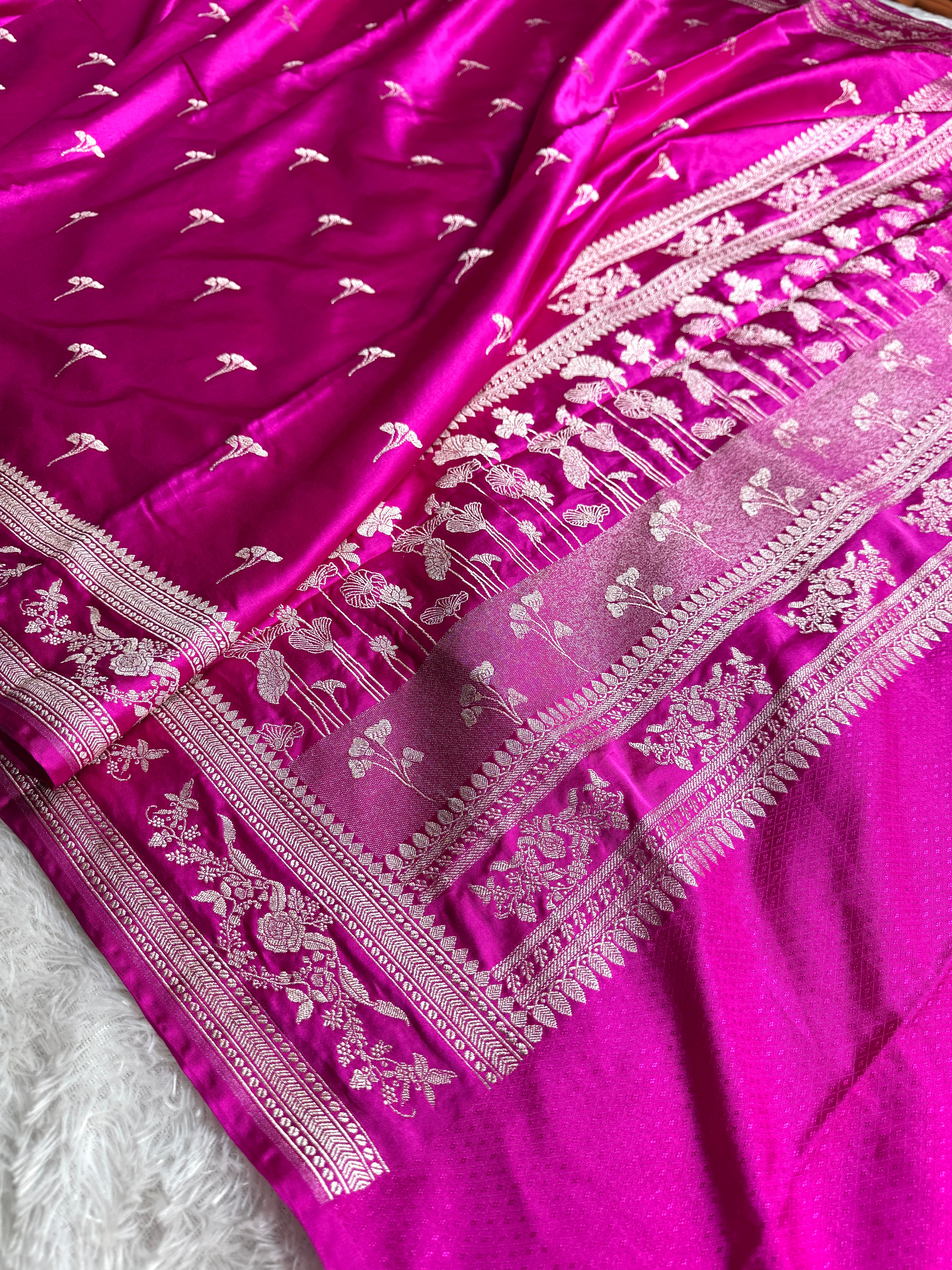 Rani Banarasi Mashru Kataan Silk Saree with All-Over Jaal Weave & Rupa-Sona Zari MKS133