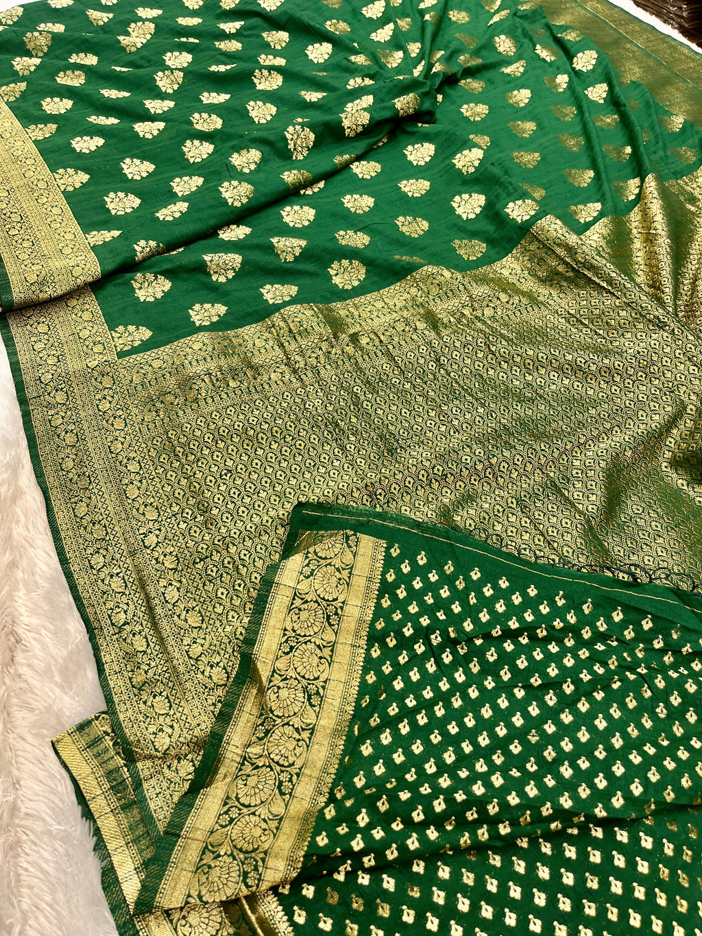 Raw Silk Zari Buta Green color Saree RS002