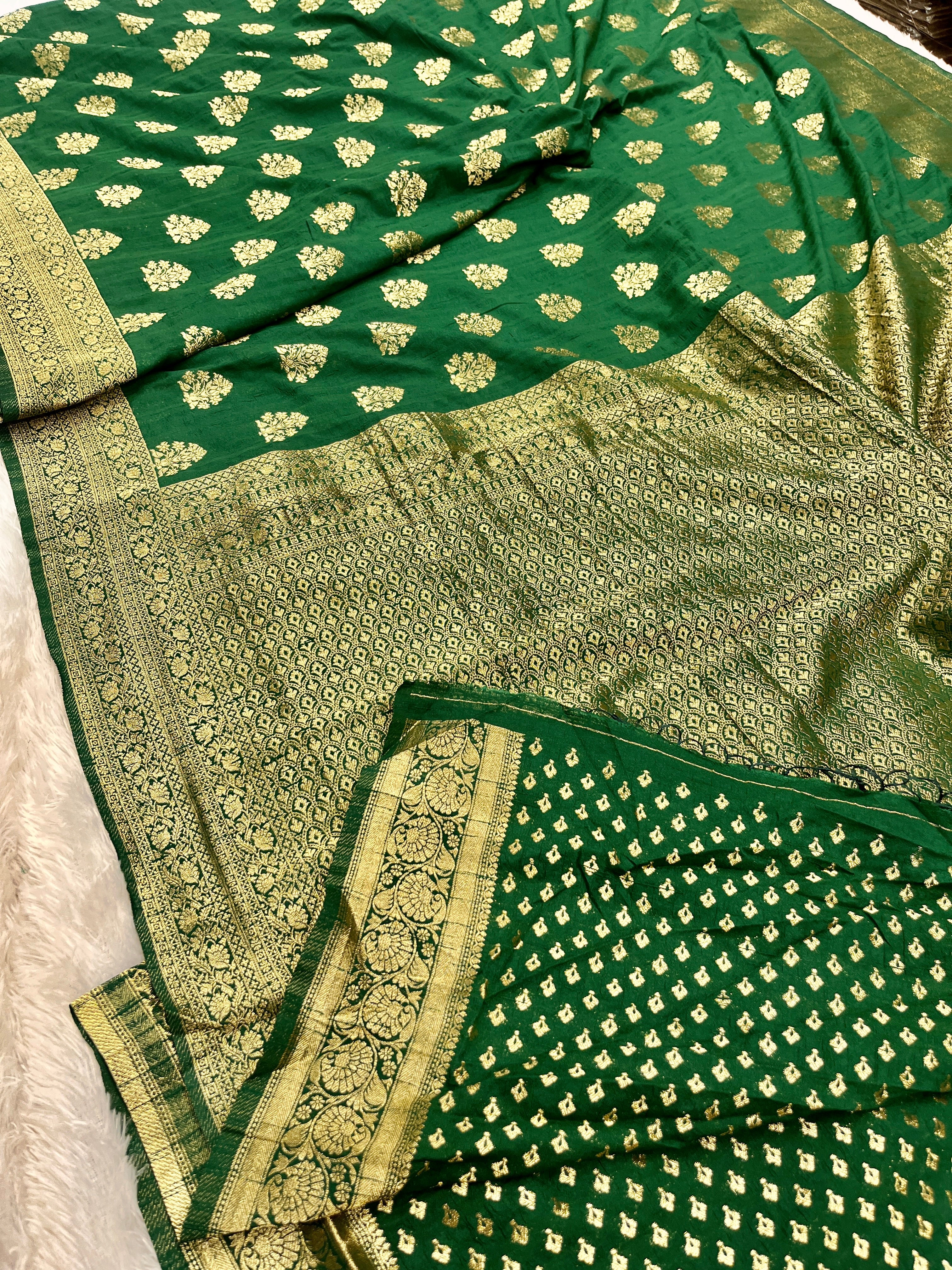 Raw Silk Zari Buta Green color Saree RS002