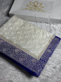 Cream Blue Contrast Zari Meena Tanchhoi Banarasi Mashru Silk Saree | Kaashi Threads | MKS517