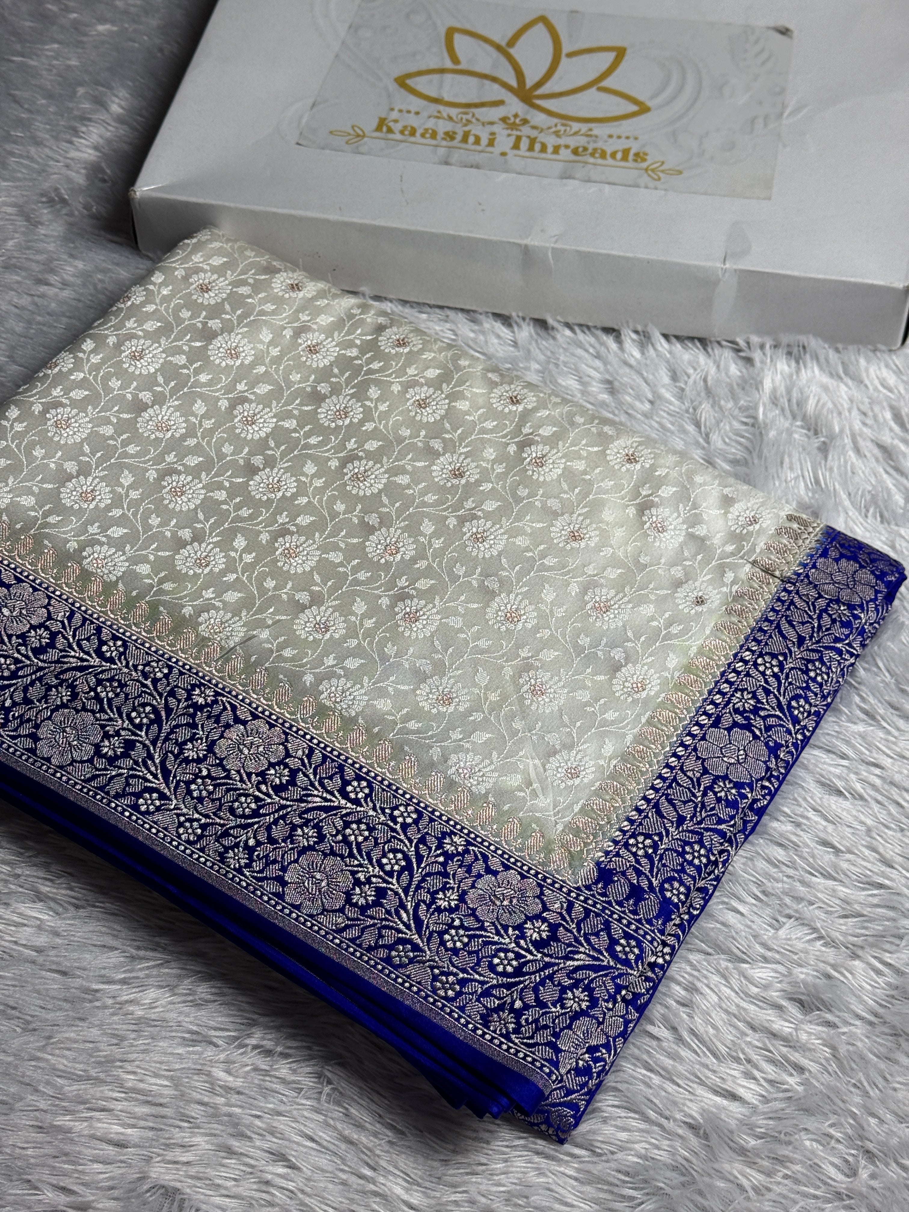 Cream Blue Contrast Zari Meena Tanchhoi Banarasi Mashru Silk Saree | Kaashi Threads | MKS517