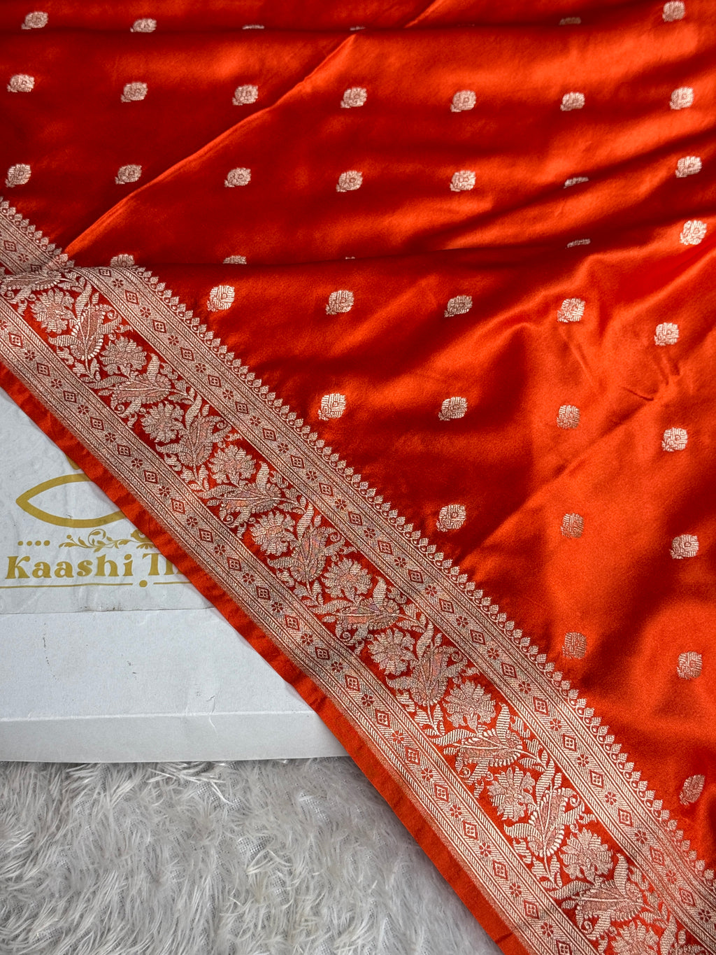 Orange Mashru Kataan Silk Saree with Buta Design & Rich Zari Pallu | MKS642