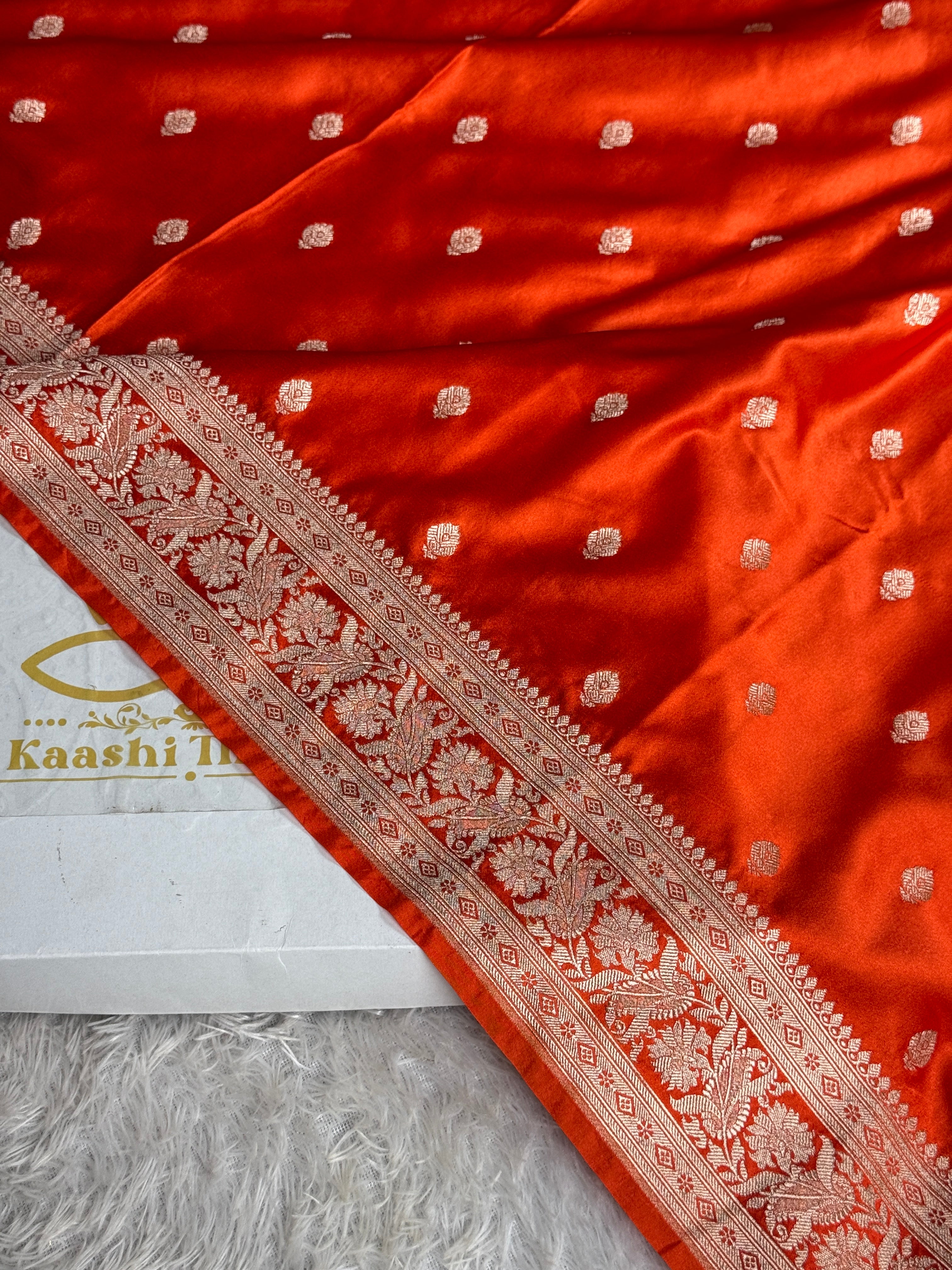 Orange Mashru Kataan Silk Saree with Buta Design & Rich Zari Pallu | MKS642