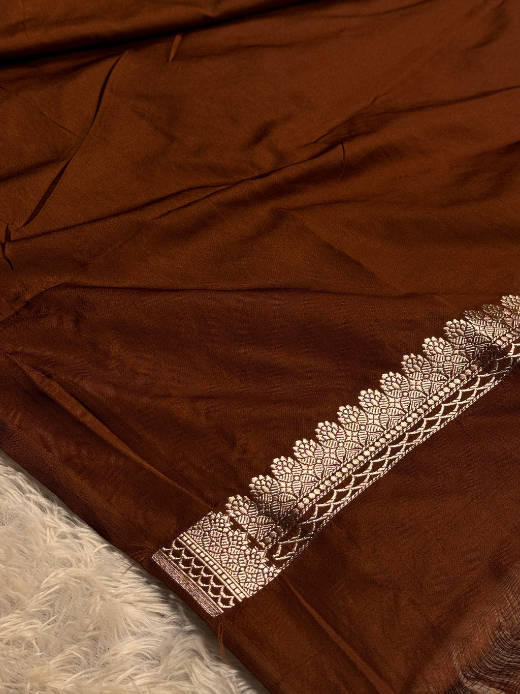 Elegant Coffee Banarasi Mashru Silk Saree with Meena Silver Zari Woven Pattern MKS221