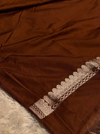 Elegant Coffee Banarasi Mashru Silk Saree with Meena Silver Zari Woven Pattern MKS221