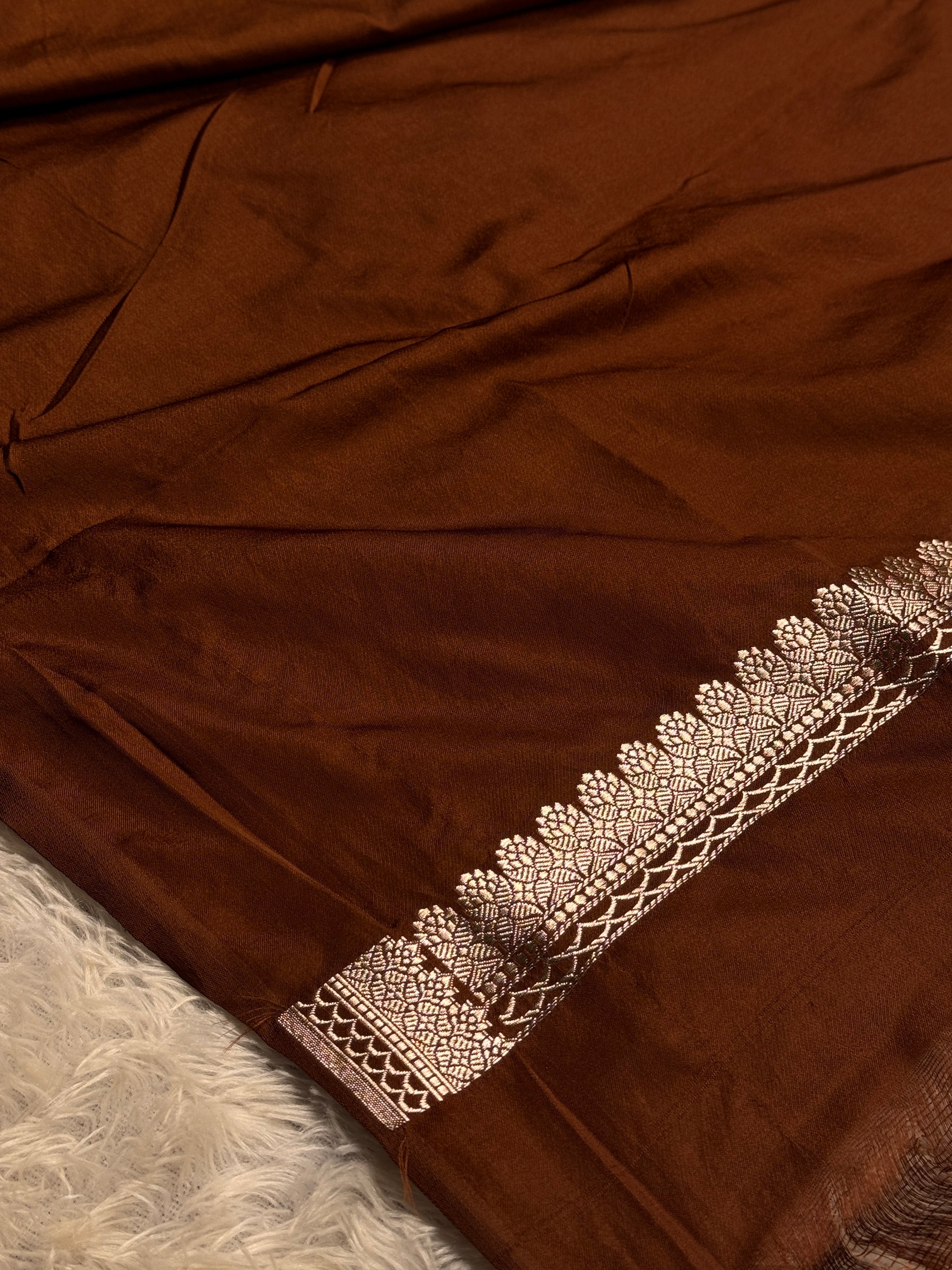 Elegant Coffee Banarasi Mashru Silk Saree with Meena Silver Zari Woven Pattern MKS221
