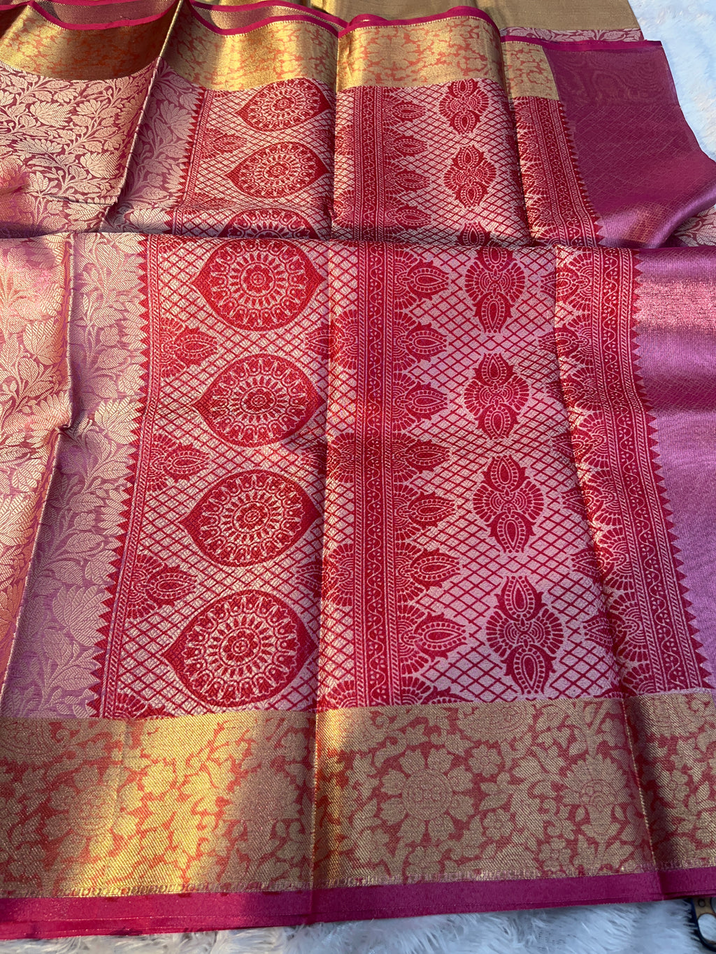 Pink with Red Tissue Silk Saree Ts38