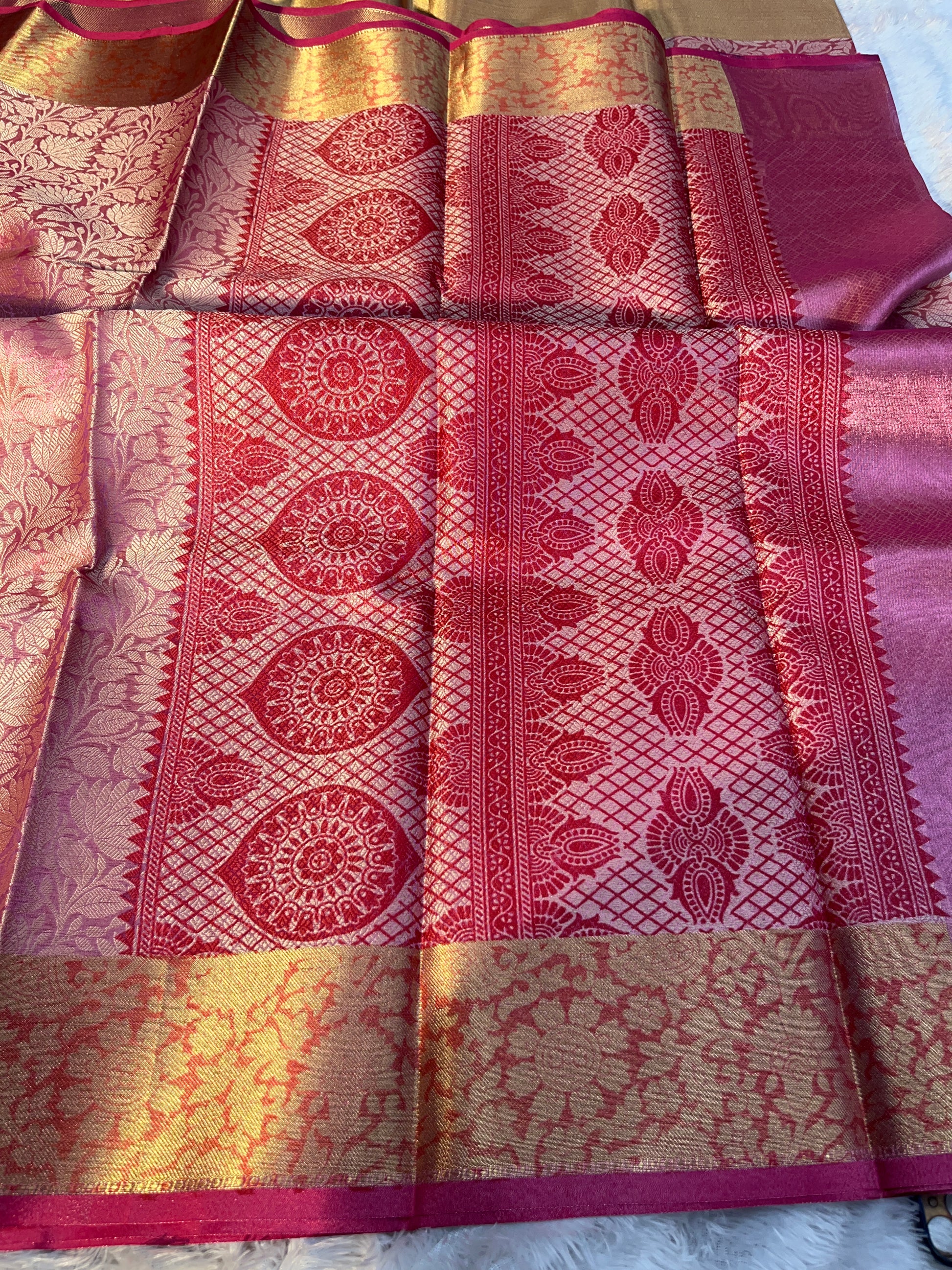 Pink with Red Tissue Silk Saree Ts38