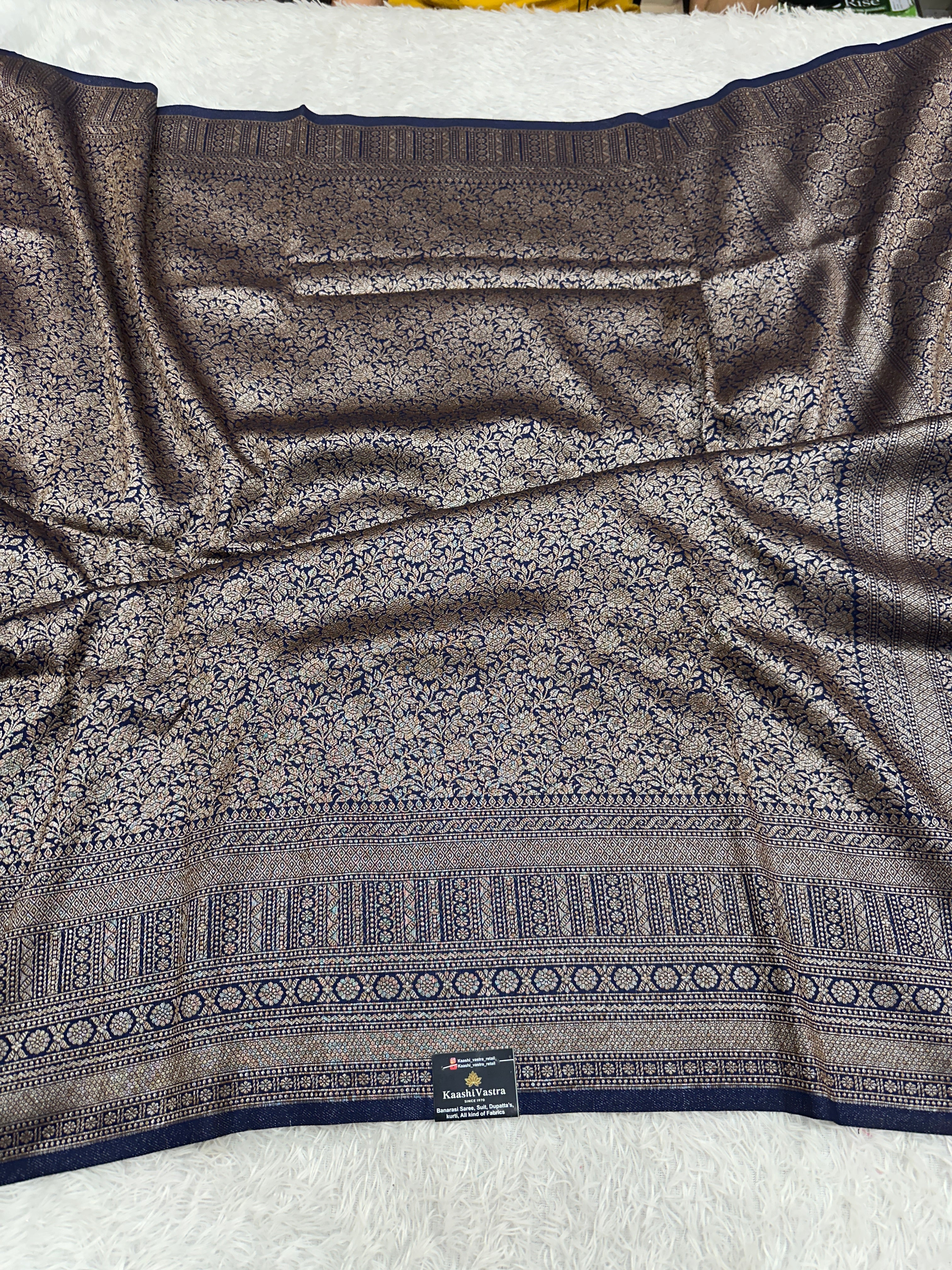 Navy Blue Banarasi Dupion Silk Saree with Embossed Antique Zari Weaving & Rich Antique Zari Pallu | STF87