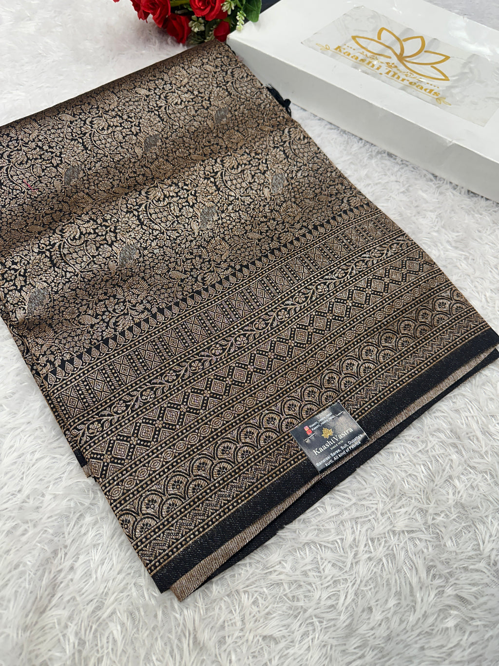 Black Banarasi Dupion Silk Saree with Embossed Antique Zari Weaving & Rich Antique Zari Pallu | STF90
