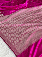 Banarasi Mashru Kataan Silk Saree in Rani Pink | Ikkat Buti Woven Design with Rich Zari Pallu | MKS854