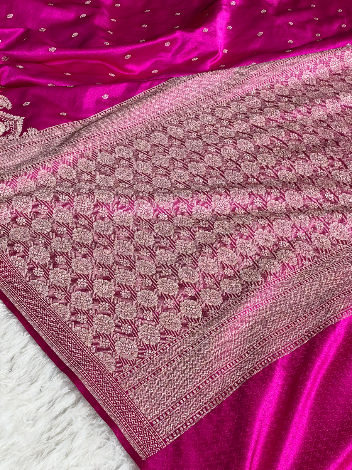 Banarasi Mashru Kataan Silk Saree in Rani Pink | Ikkat Buti Woven Design with Rich Zari Pallu | MKS854