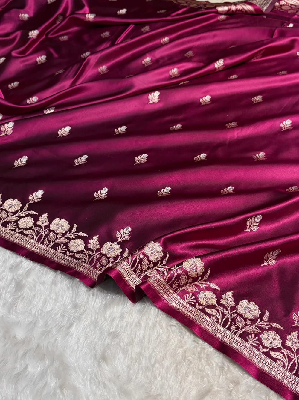 Banarasi Mashru Kataan Silk Saree Featuring Zari Rose Buta Design with Rich Zari Pallu – MKS412