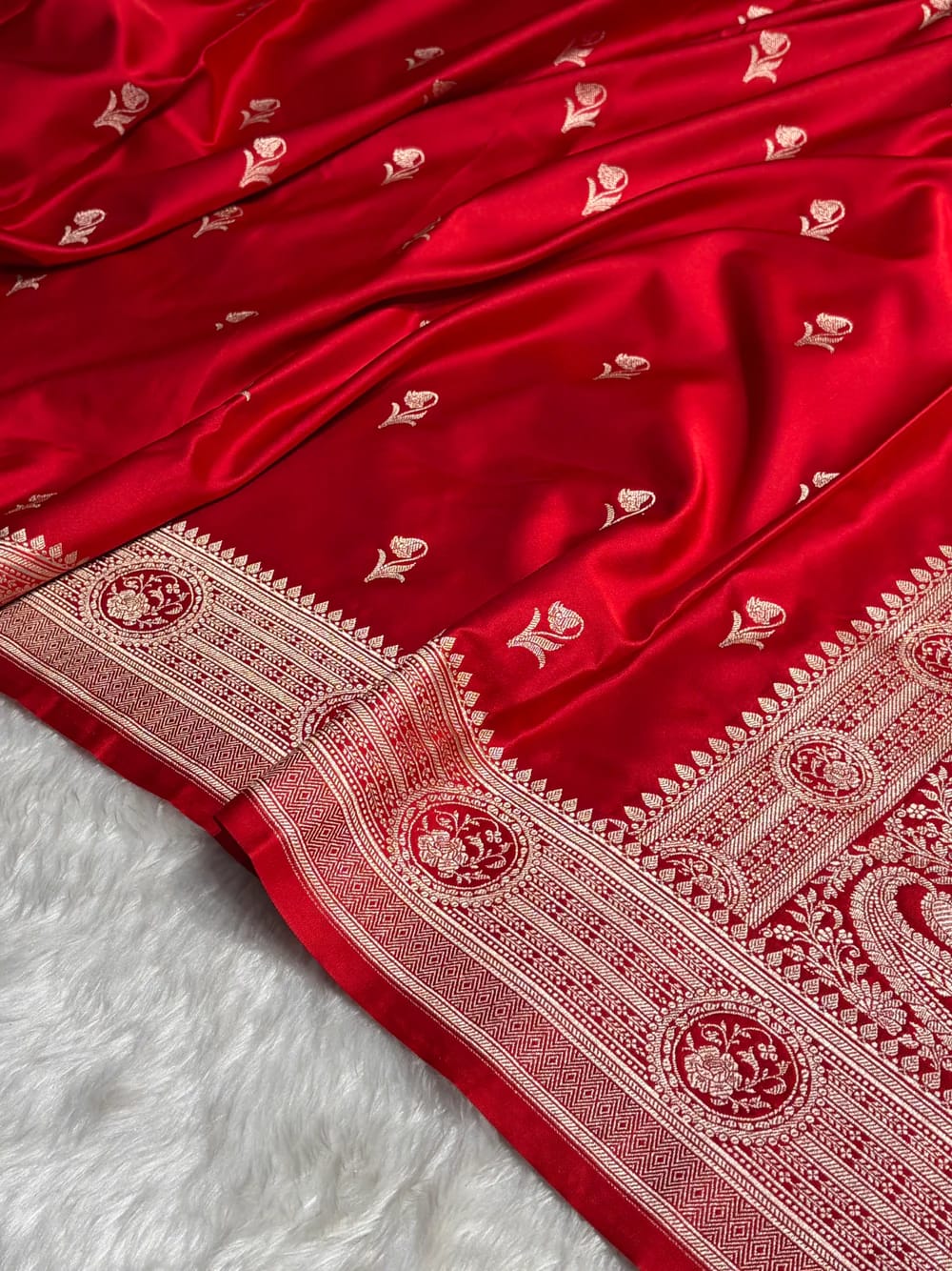 MKS305 Banarasi Mashru Silk Saree with Buta Pattern – Black, Red, Green, Yellow & Orange