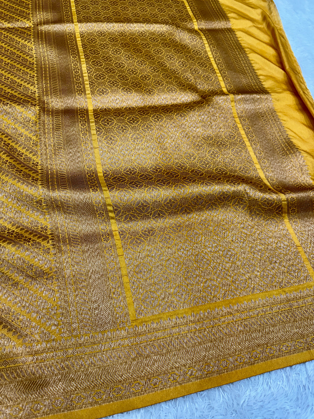 Banarasi Yellow Dupion Silk Saree with Embossed Antique Zari Weaving & Rich Antique Zari Pallu | STF57