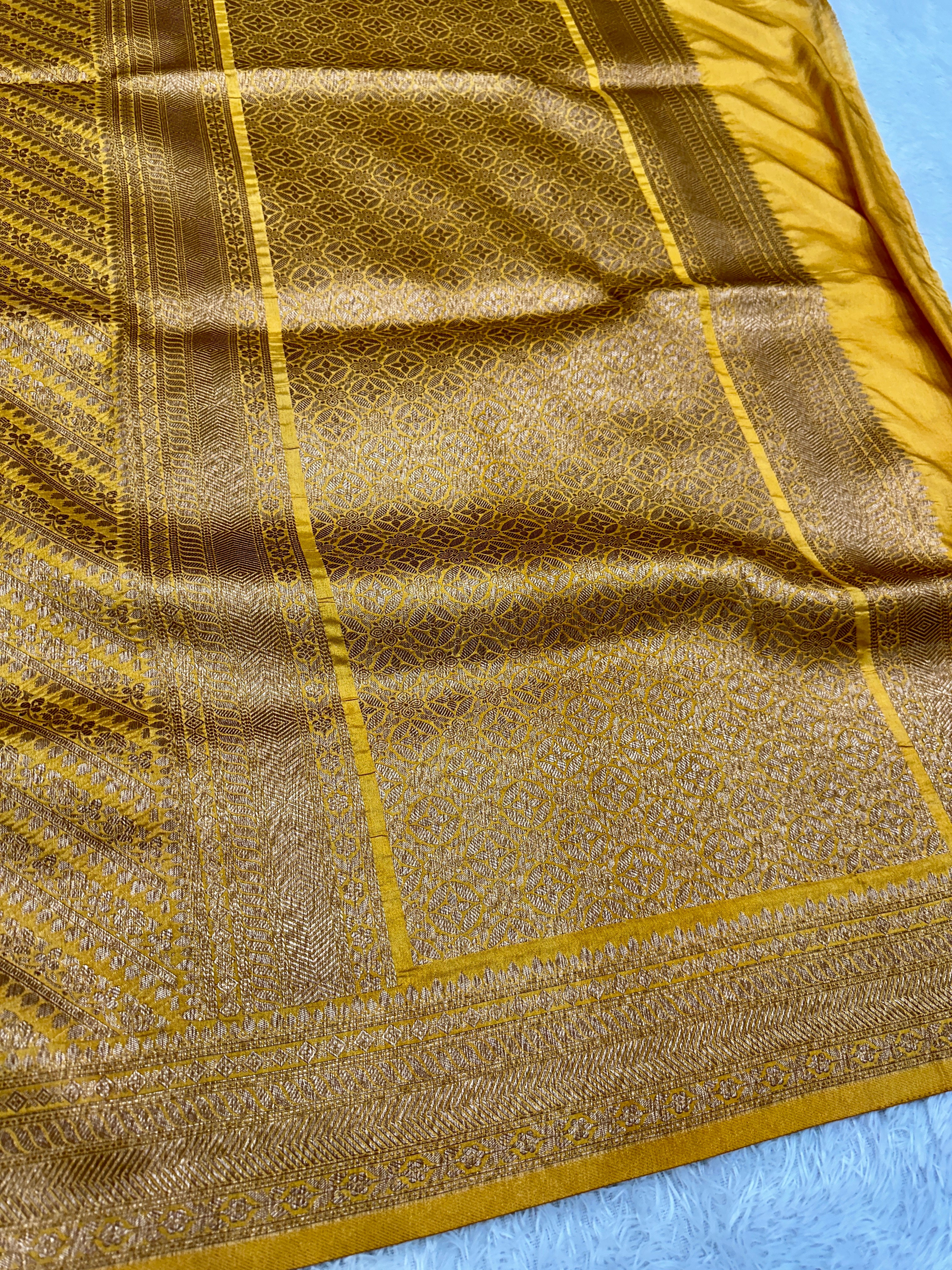 Banarasi Yellow Dupion Silk Saree with Embossed Antique Zari Weaving & Rich Antique Zari Pallu | STF57