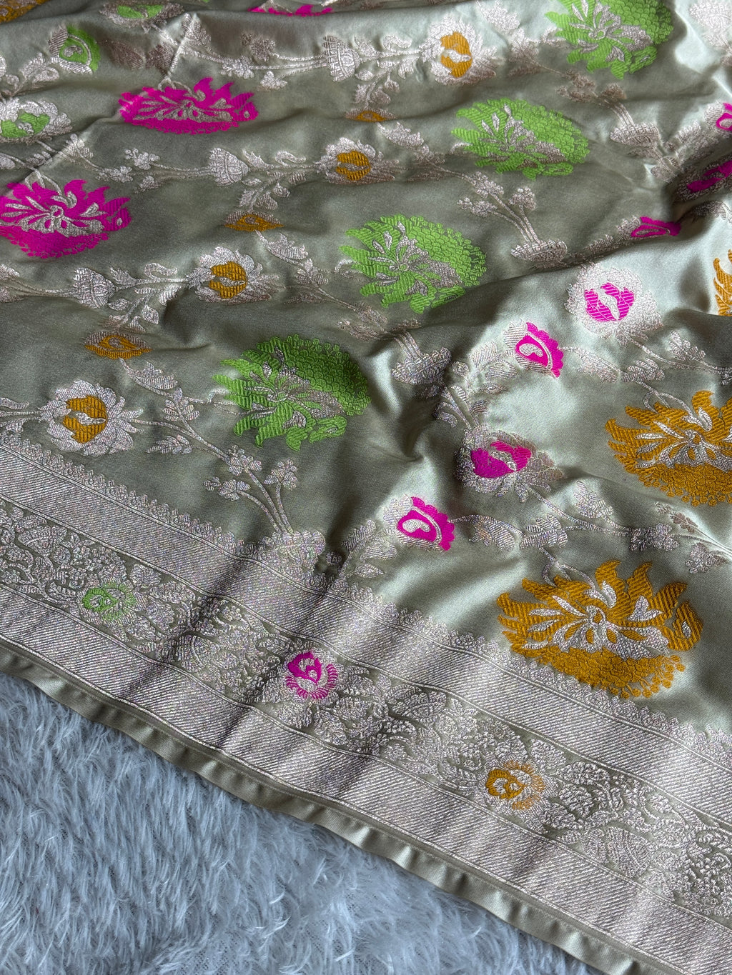 Beige Luxury Banarasi Mashru Silk Saree with Intricate Jaal Meena Work MKS126