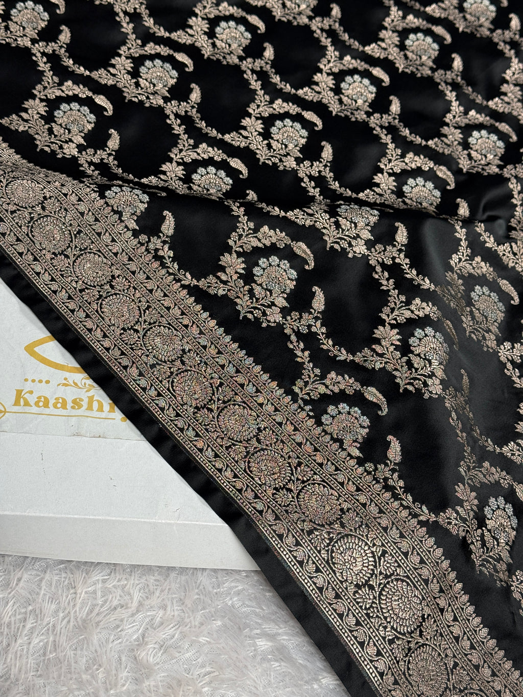 Royal Black Mashru Kataan Silk Banarasi Saree with Silver Meenakari Jaal | MKS714