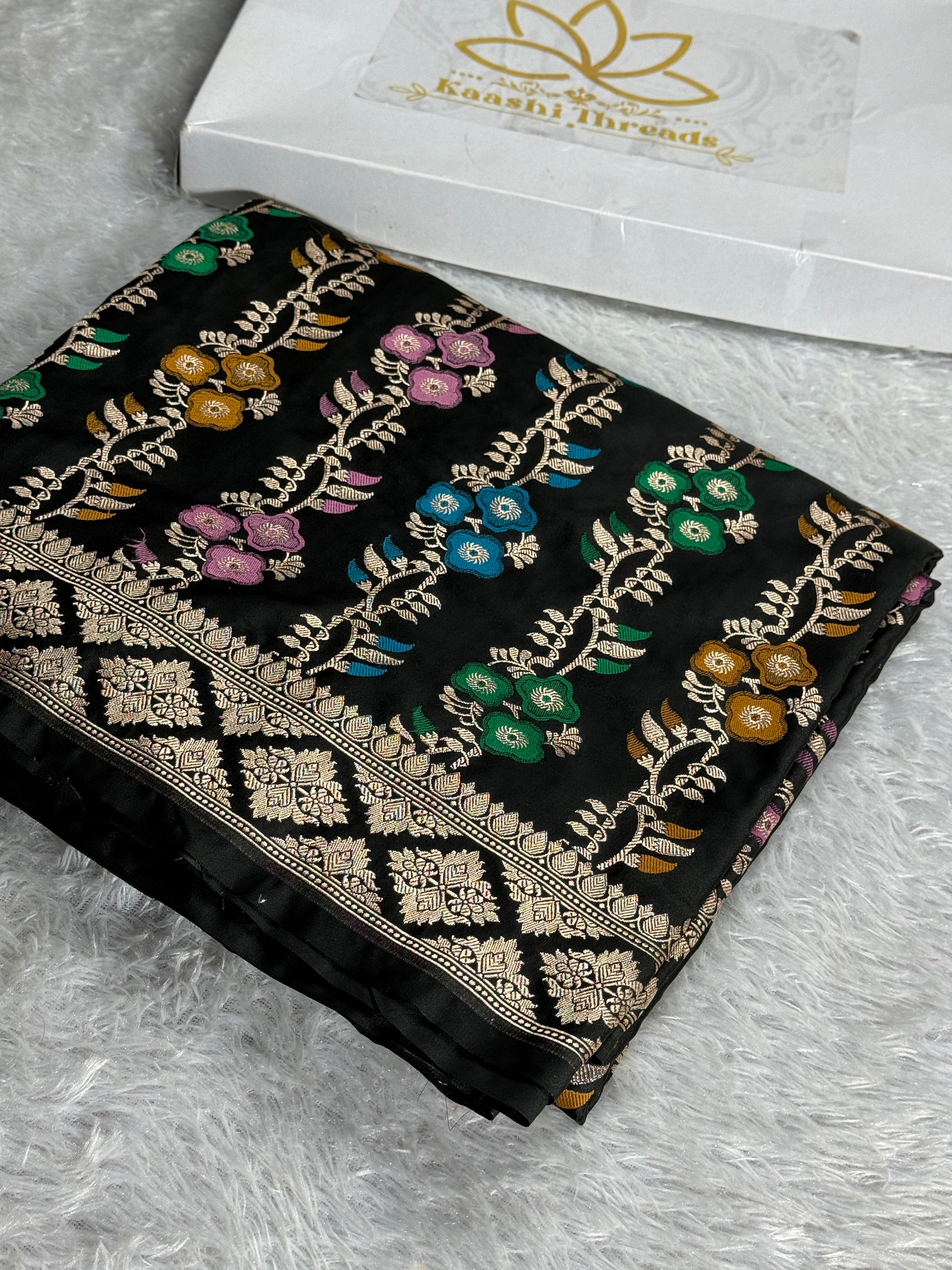 Banarasi Black Mashru Silk Saree with Zari Woven Meena Work – MKS361