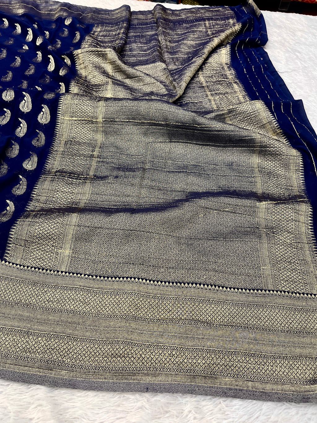 Chinon Silk Karry  Buta  Design Navy blue Saree CN07