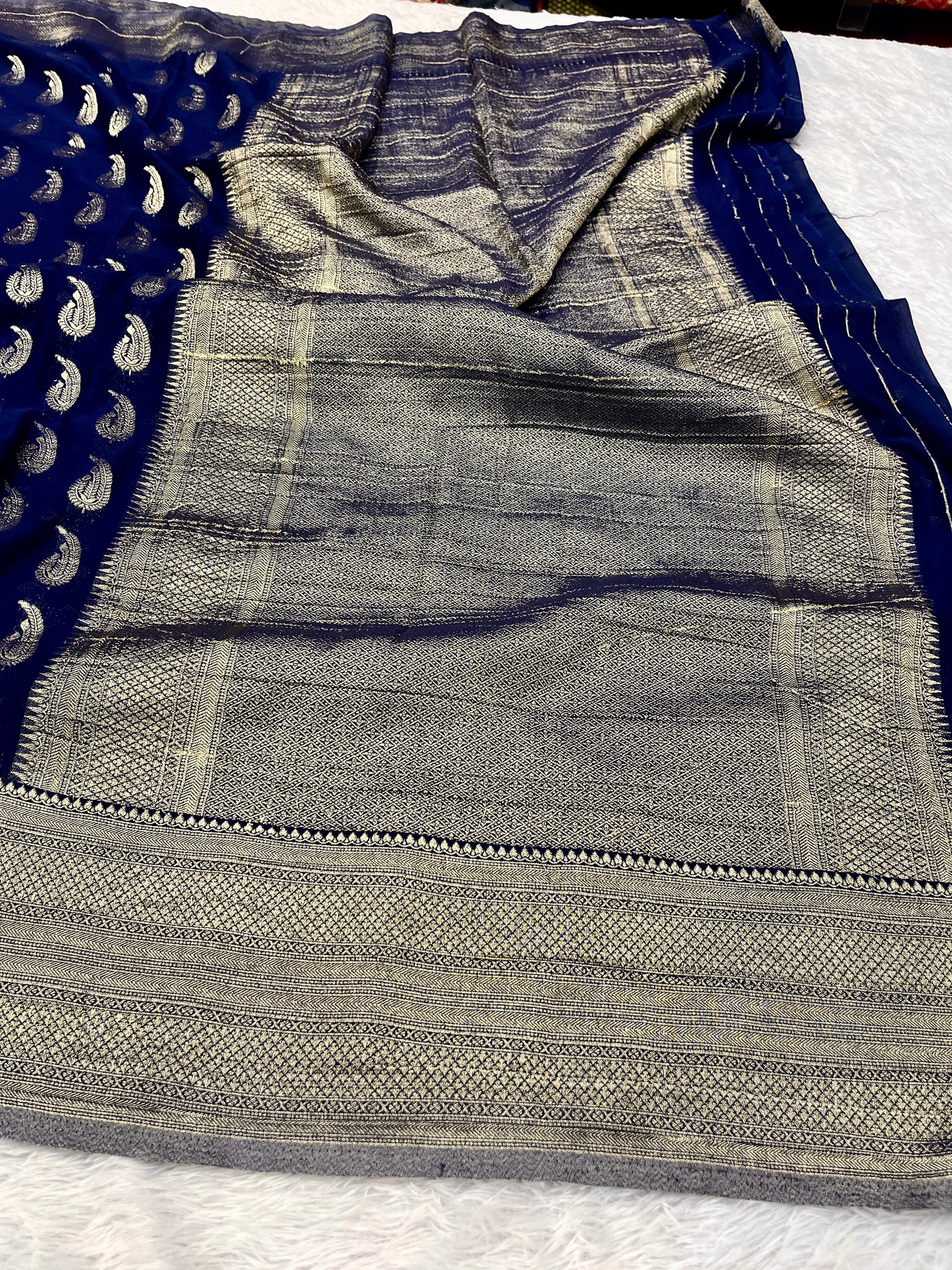 Chinon Silk Karry  Buta  Design Navy blue Saree CN07