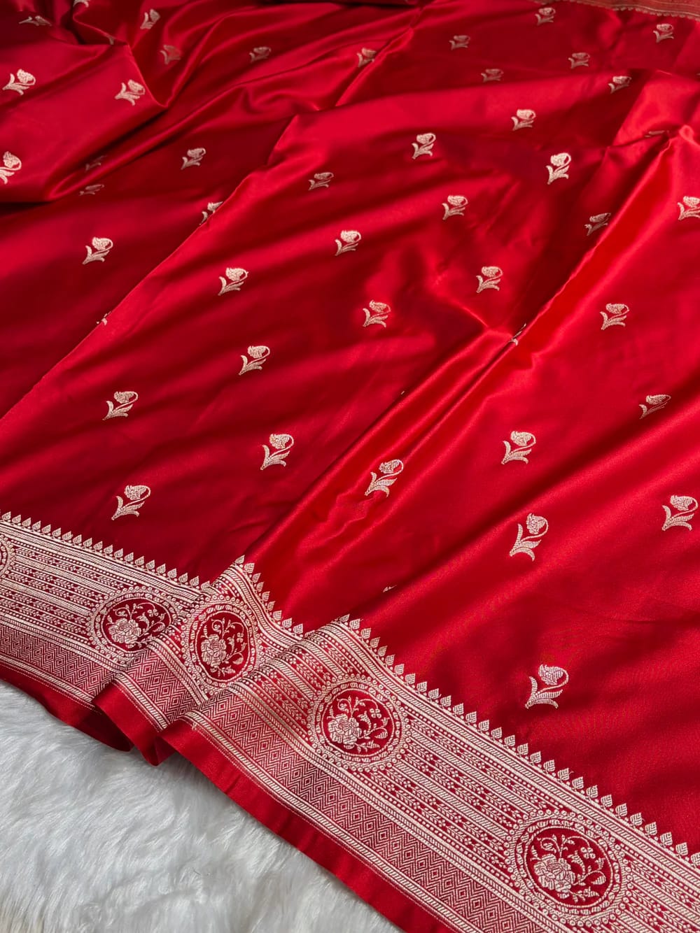 MKS305 Banarasi Mashru Silk Saree with Buta Pattern – Black, Red, Green, Yellow & Orange