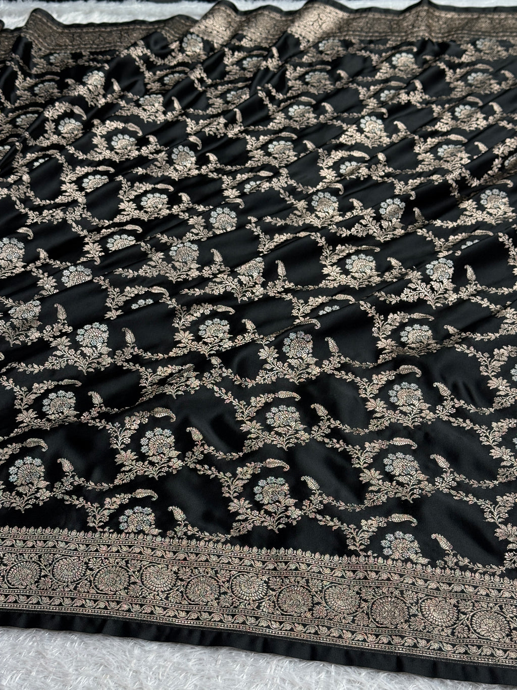Royal Black Mashru Kataan Silk Banarasi Saree with Silver Meenakari Jaal | MKS714