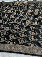 Royal Black Mashru Kataan Silk Banarasi Saree with Silver Meenakari Jaal | MKS714