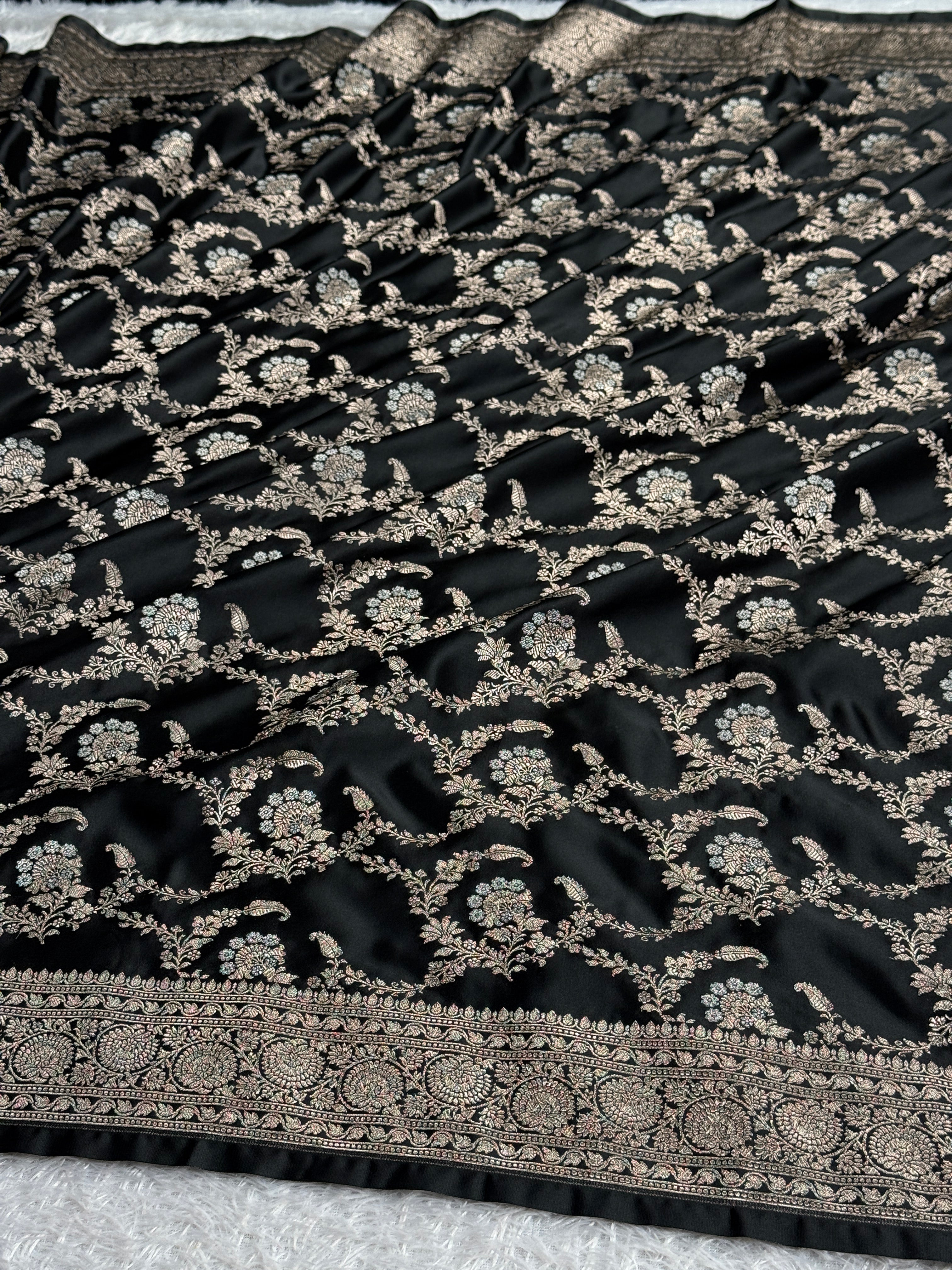 Royal Black Mashru Kataan Silk Banarasi Saree with Silver Meenakari Jaal | MKS714