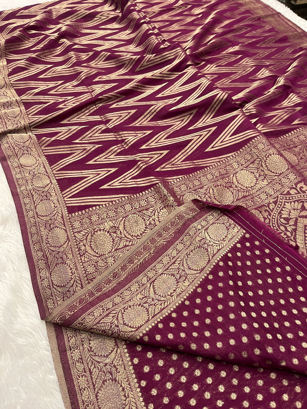 Chinon Silk Zig Zag Design Wine Color Saree CN09