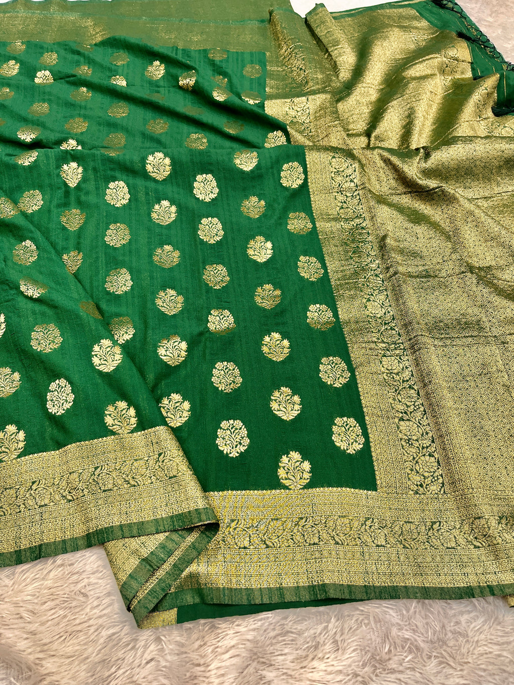 Raw Silk Zari Butaa Green color  Saree RS004