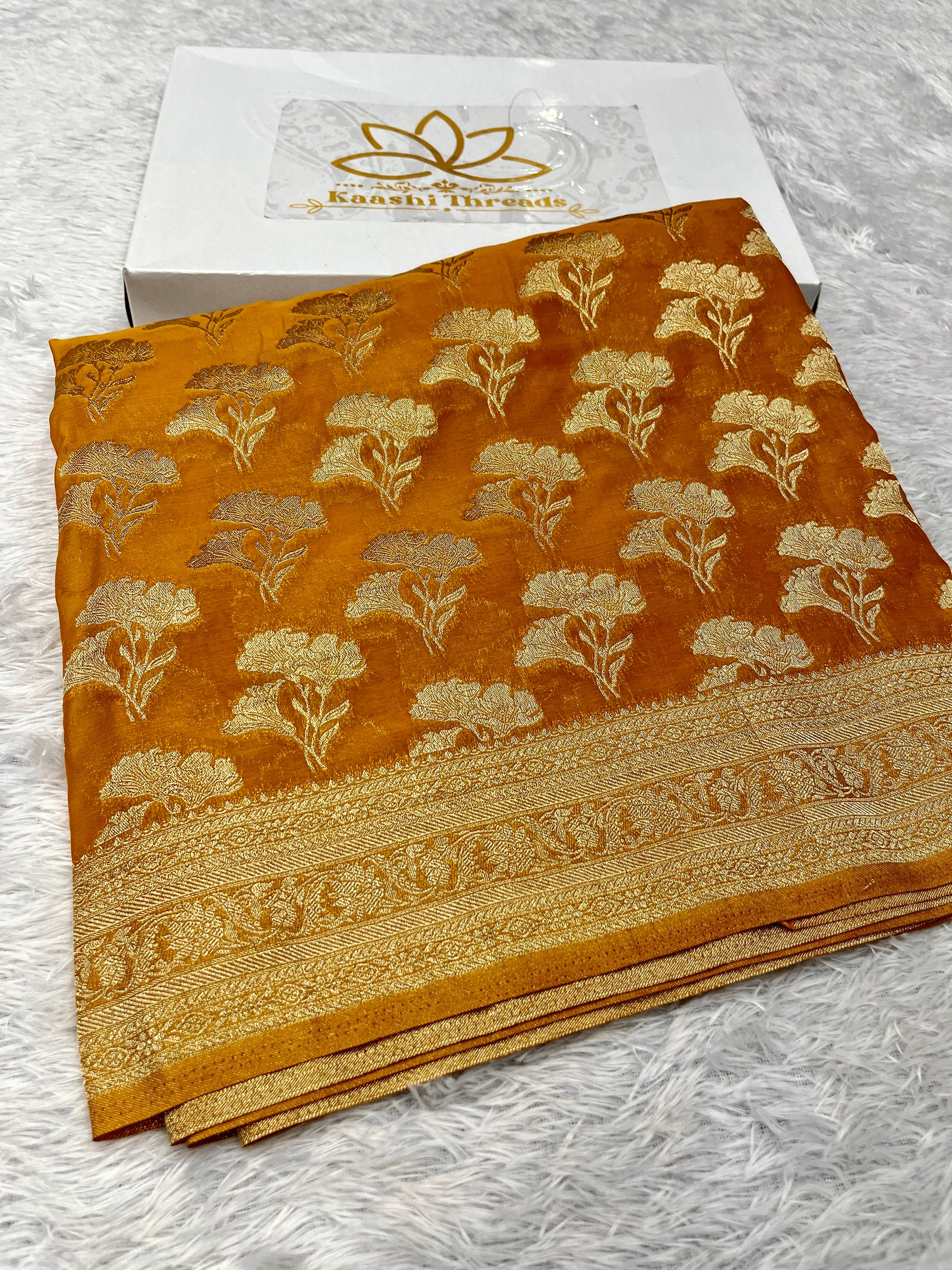 Chinon Silk Dual Flower Design Mustard Color Saree CN05