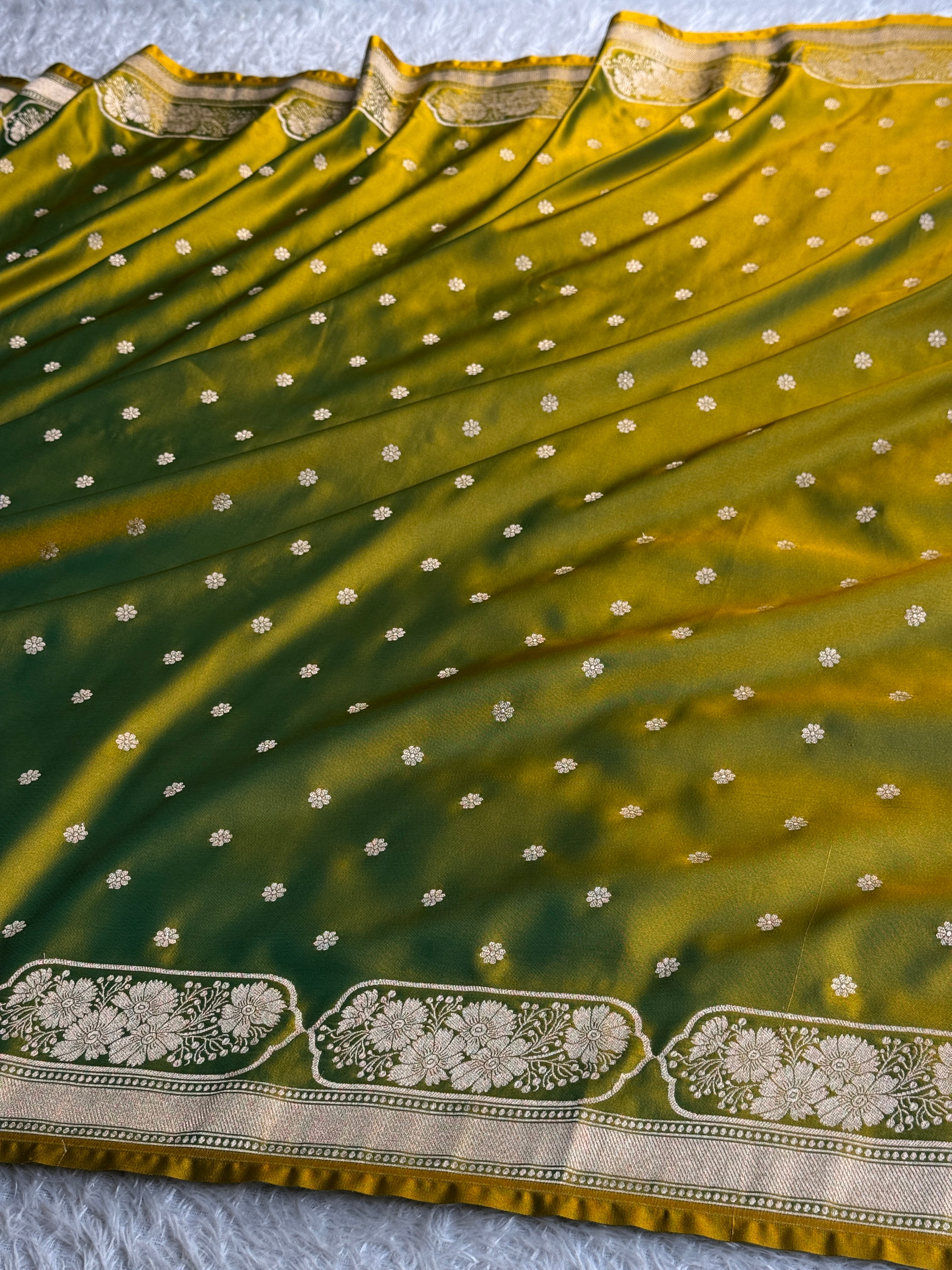 Green Yellow Mashru Kataan Silk Banarasi Saree with Zari Buta Design | MKS741 | Kaashi Threads