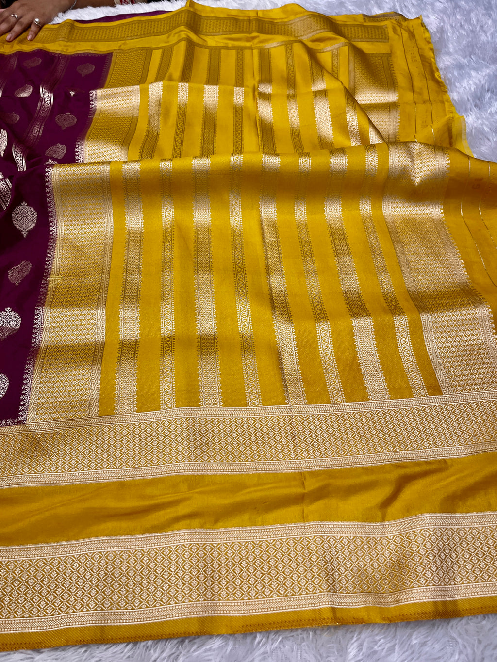 Chinon Silk Horizontal Buta Design Wine with Yellow  Saree CN09