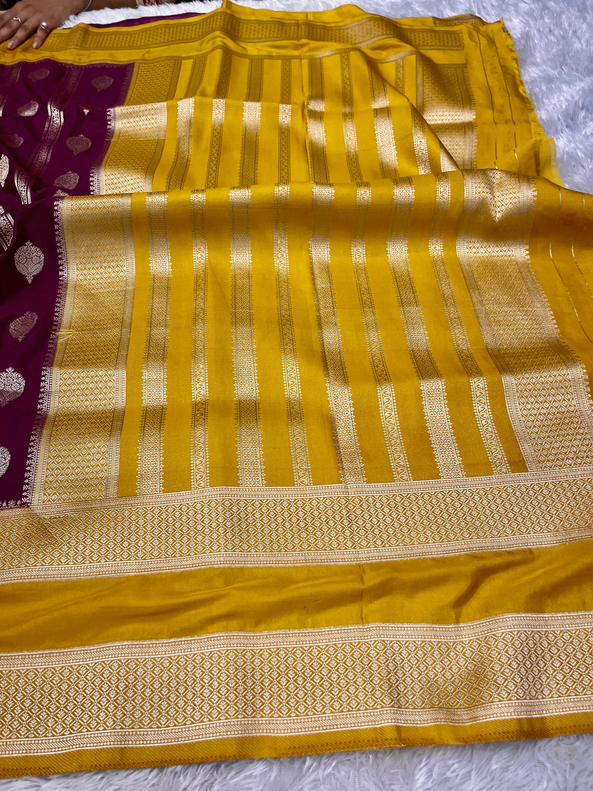 Chinon Silk Horizontal Buta Design Wine with Yellow  Saree CN09