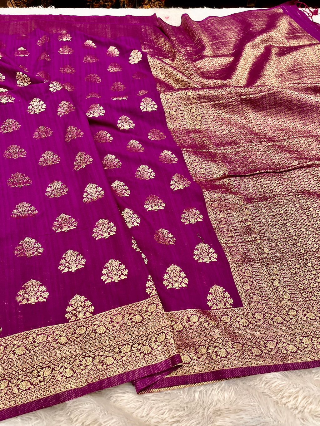 Raw Silk Zari Buta Magenta color Saree RS002