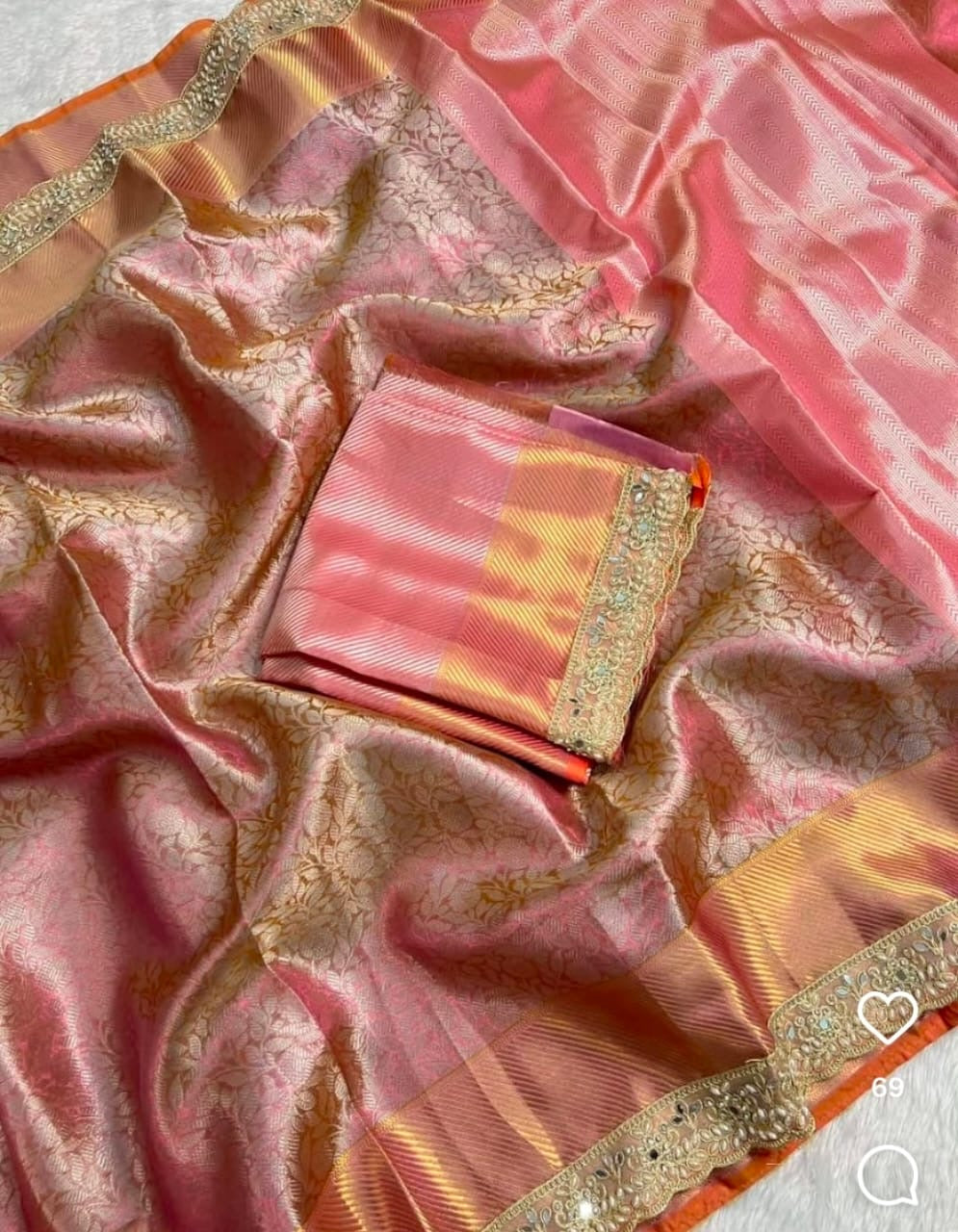 Soft Pink Banarasi Tissue Silk Saree with Golden Zari Work   TS101