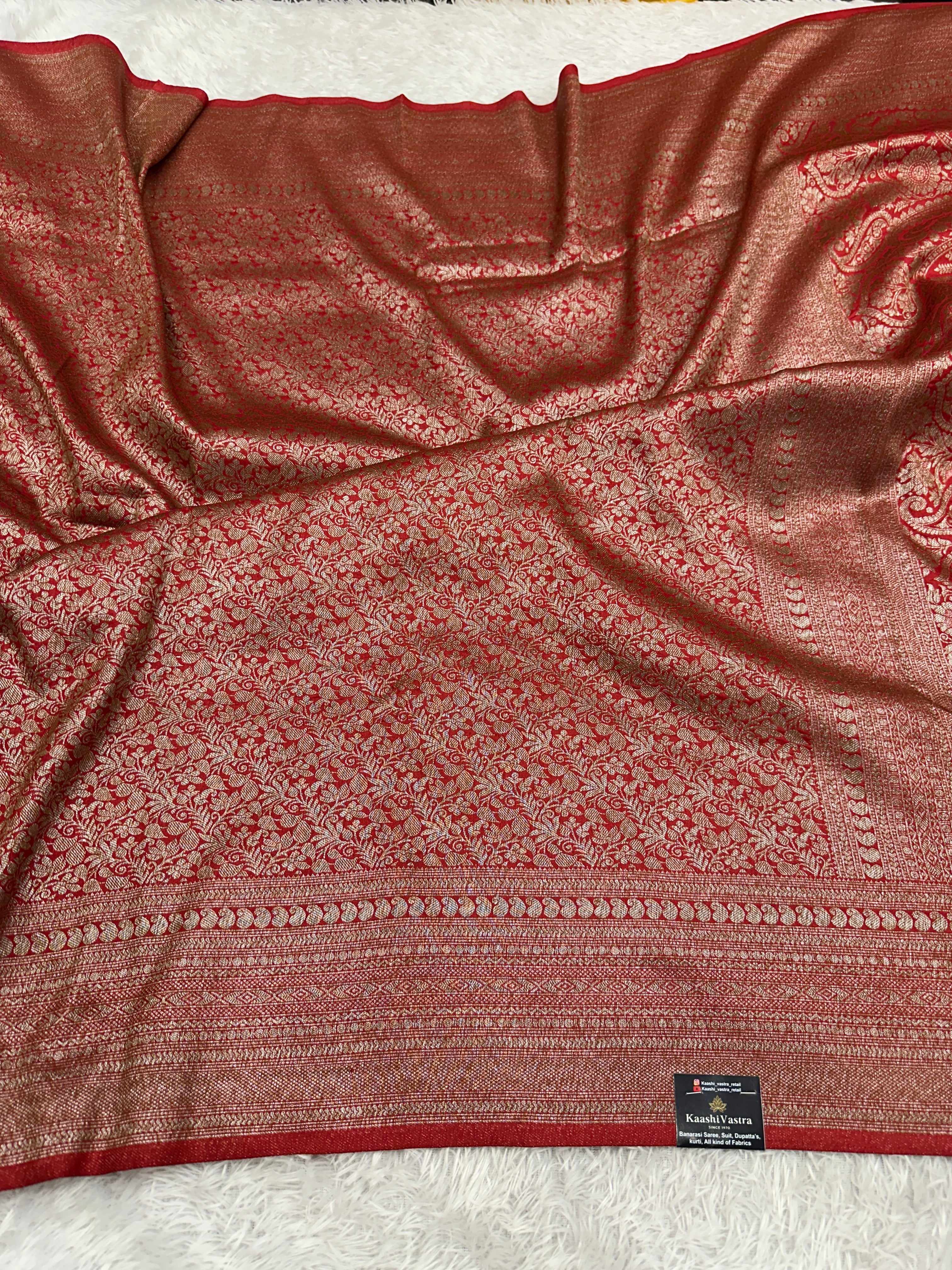 Red Banarasi Dupion Silk Saree with Embossed Antique Zari Weaving & Rich Antique Zari Pallu | STF85