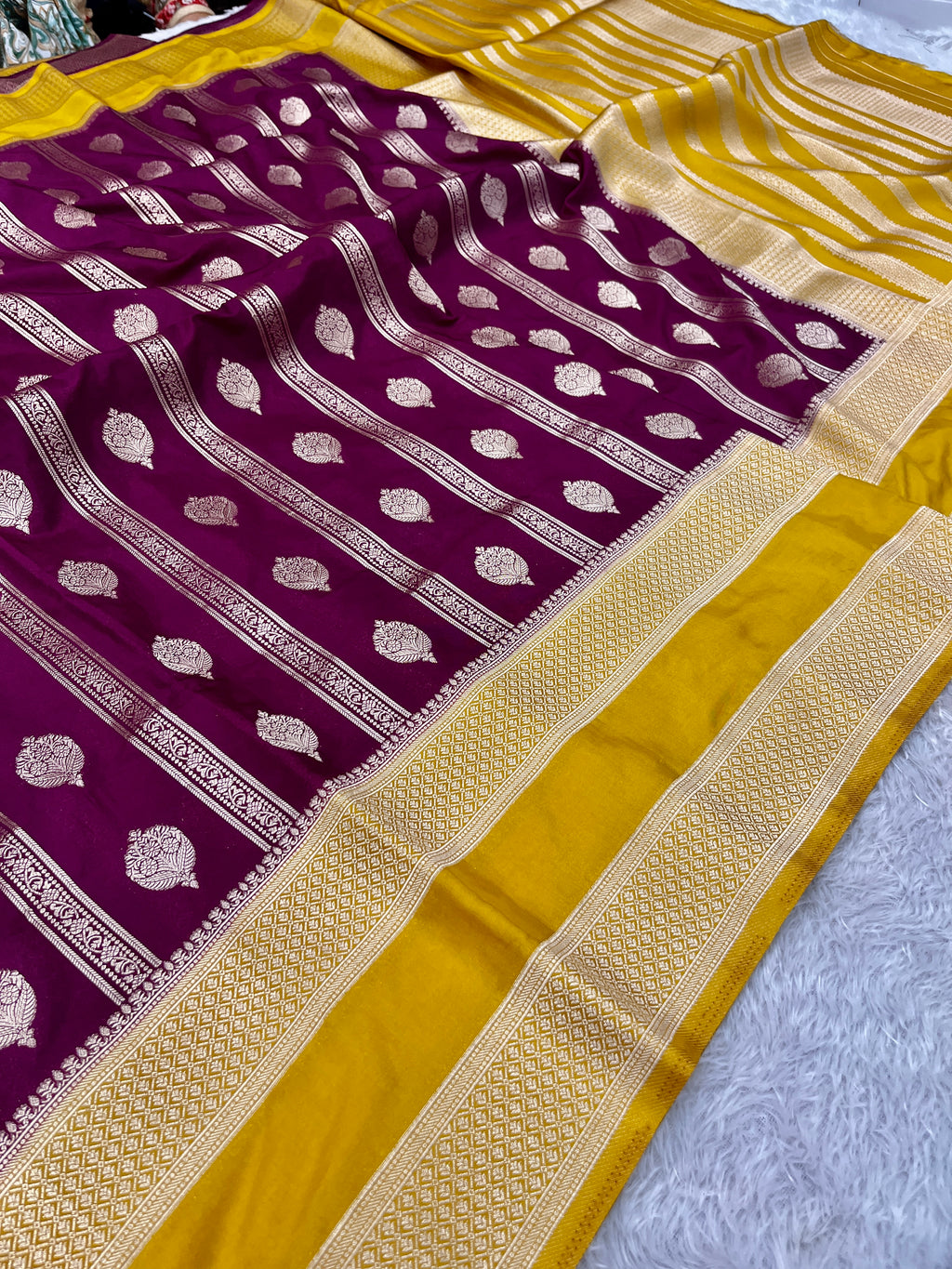 Chinon Silk Horizontal Buta Design Wine with Yellow  Saree CN09
