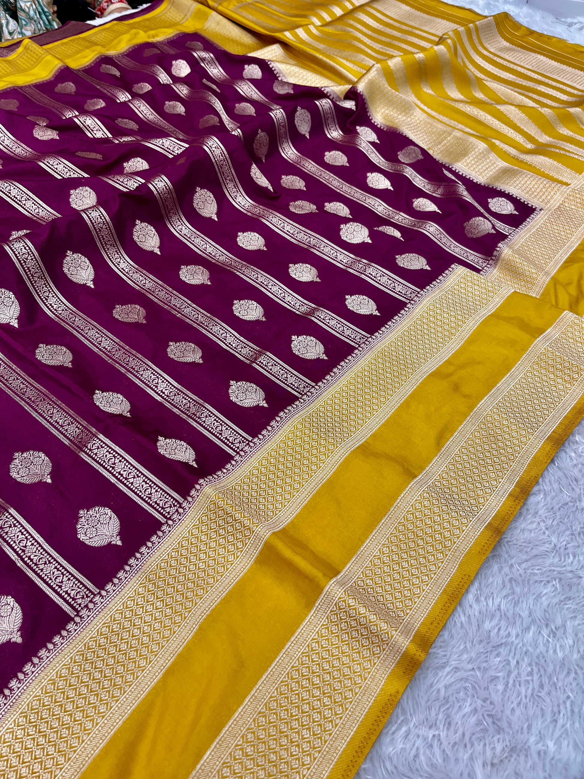 Chinon Silk Horizontal Buta Design Wine with Yellow  Saree CN09
