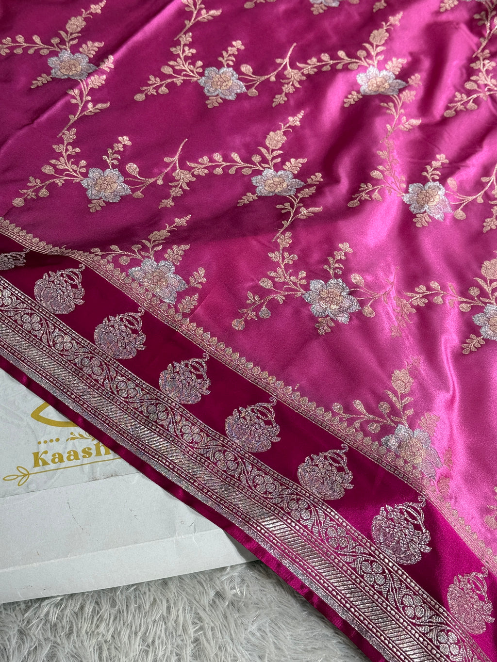 Strawberry Pink Banarasi Satin Mashru Silk Saree with Rani Pink Contrast & Zari Meenakari Work MKS367