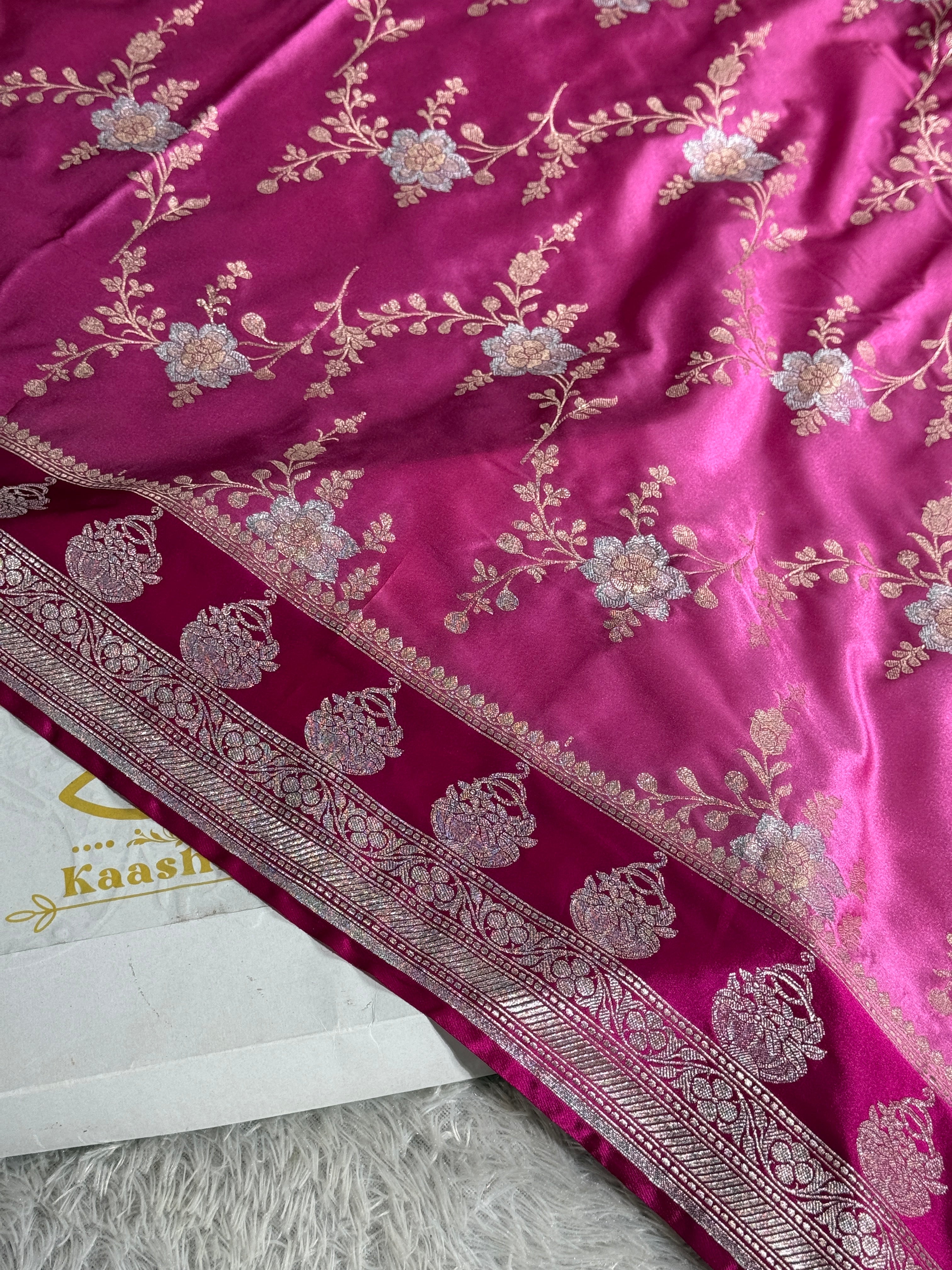 Strawberry Pink Banarasi Satin Mashru Silk Saree with Rani Pink Contrast & Zari Meenakari Work MKS367