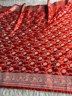Red Mashru Kataan Silk Banarasi Saree with Meenakari Zari Jaal Design | MKS745