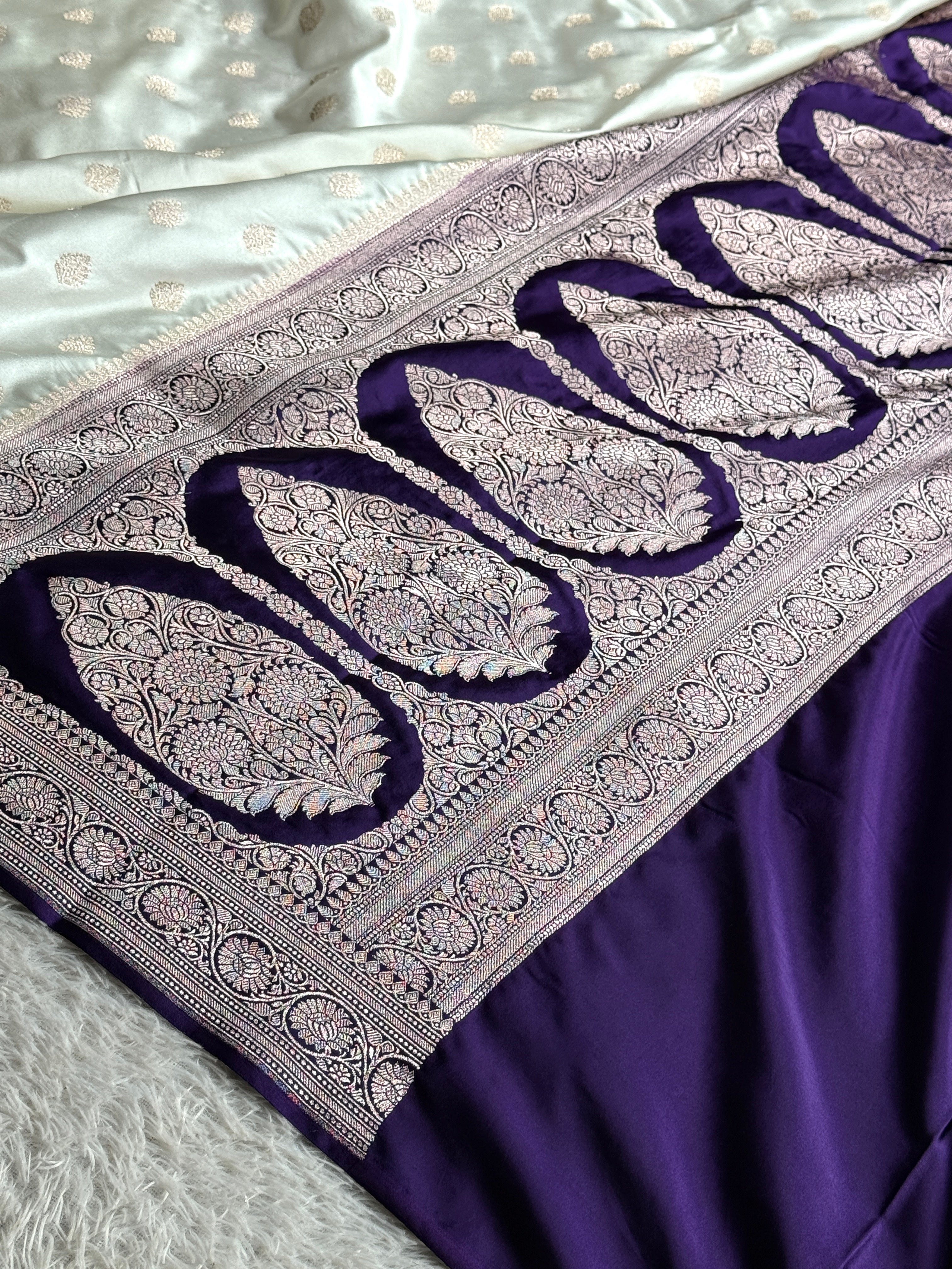 Cream with Purple Contrast Mashru Kataan Silk Saree with Buta Weaving & Rich Zari Pallu | MKS644