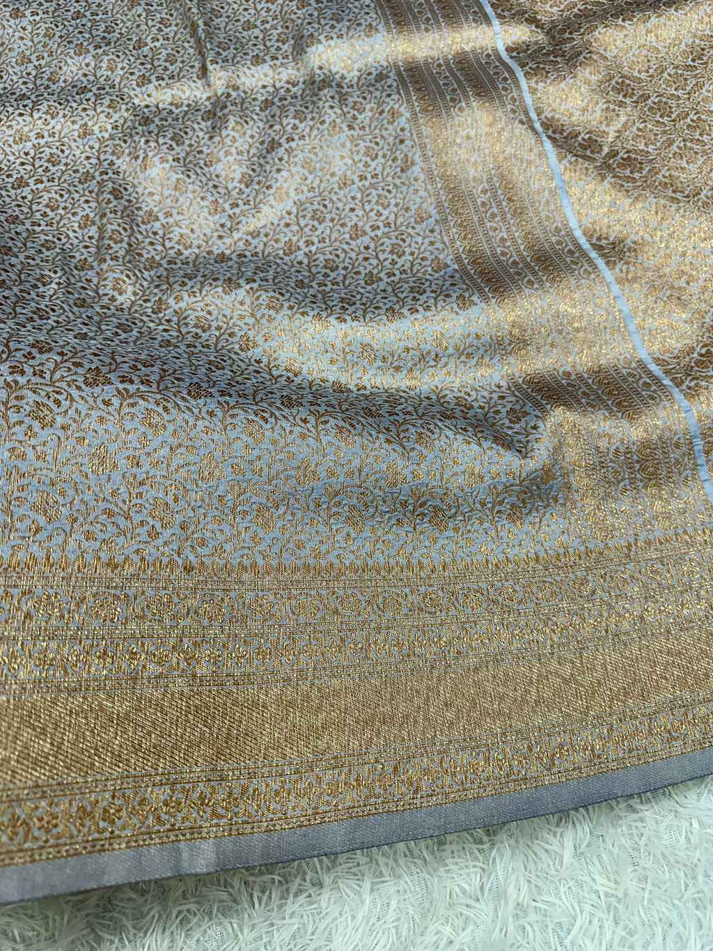 Grey Banarasi Dupion Silk Saree with Embossed Antique Zari Weaving & Rich Antique Zari Pallu | STF64