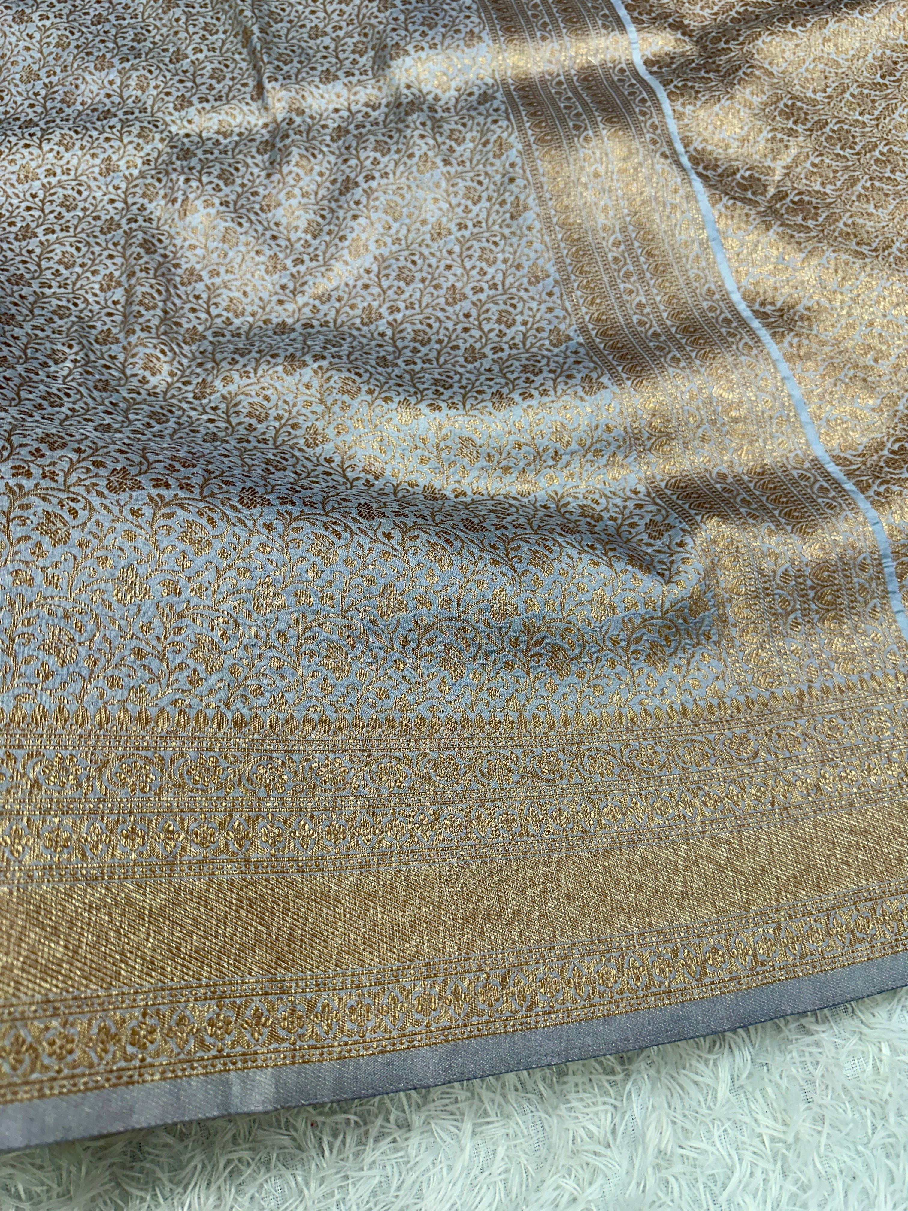 Grey Banarasi Dupion Silk Saree with Embossed Antique Zari Weaving & Rich Antique Zari Pallu | STF64
